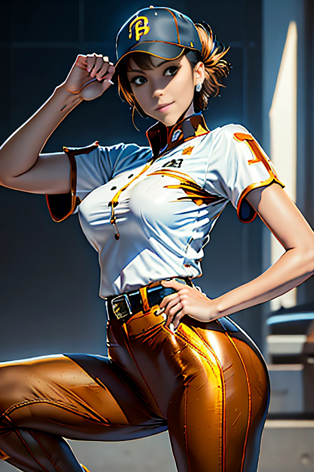 Very Shorthair Arafe Woman Solo、Big breasts about to burst、Metallic orange and metallic white baseball uniforms、thin and long legs,、Fitness Body Shape、half-pants、a belt、Pose ready to fight、Mischievous smile