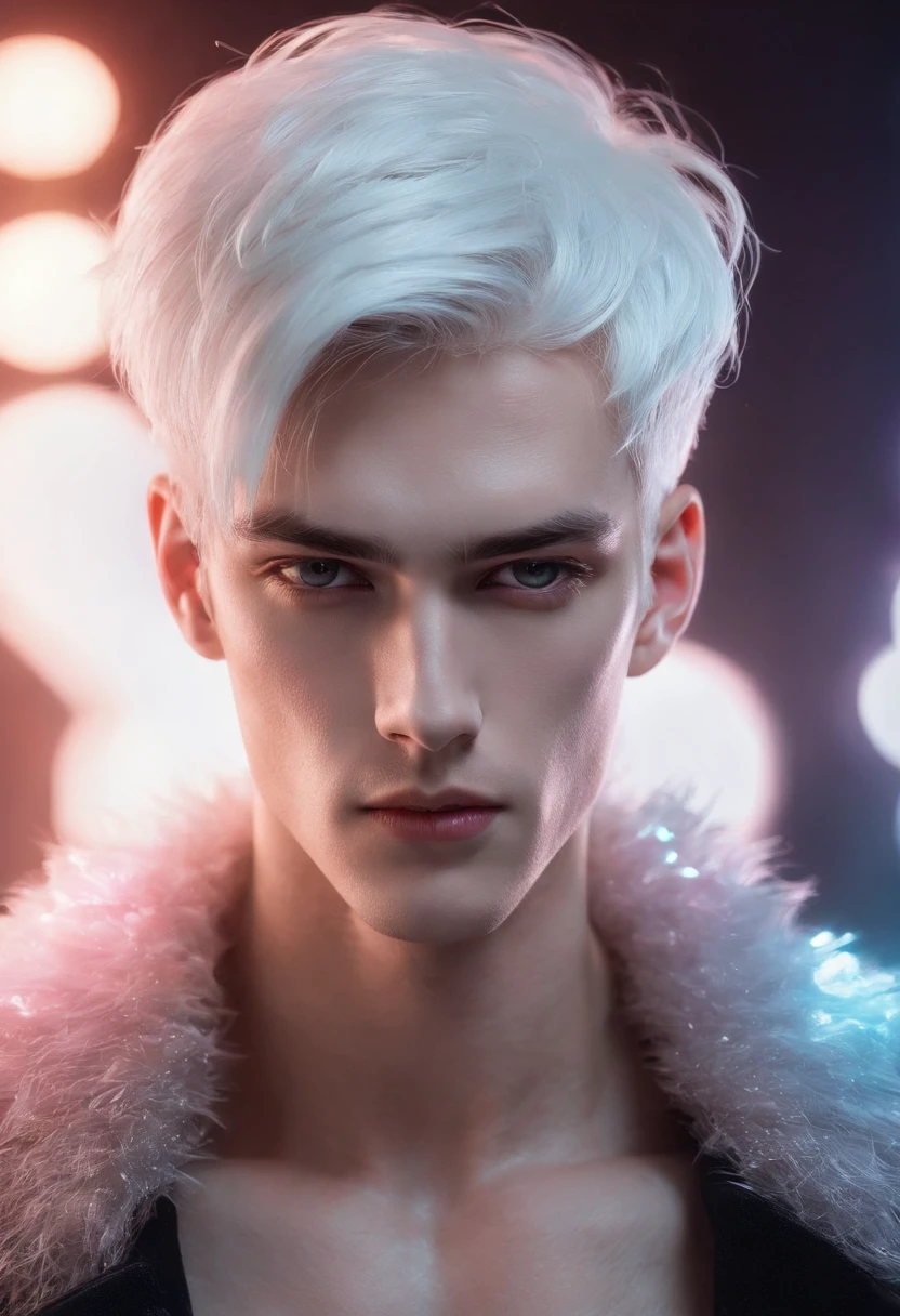 Young man, 20 years old, white hair, two block haircut , shirtless, wearing a black fur coat , reality photo, reality skin, detailed skin, glowing light eyes, Biomechanical, eerie, Creepy, nightmarish, Very bright colors, Light particles, with light glowing, Mshiff, wallpaper art, UHD wallpaper