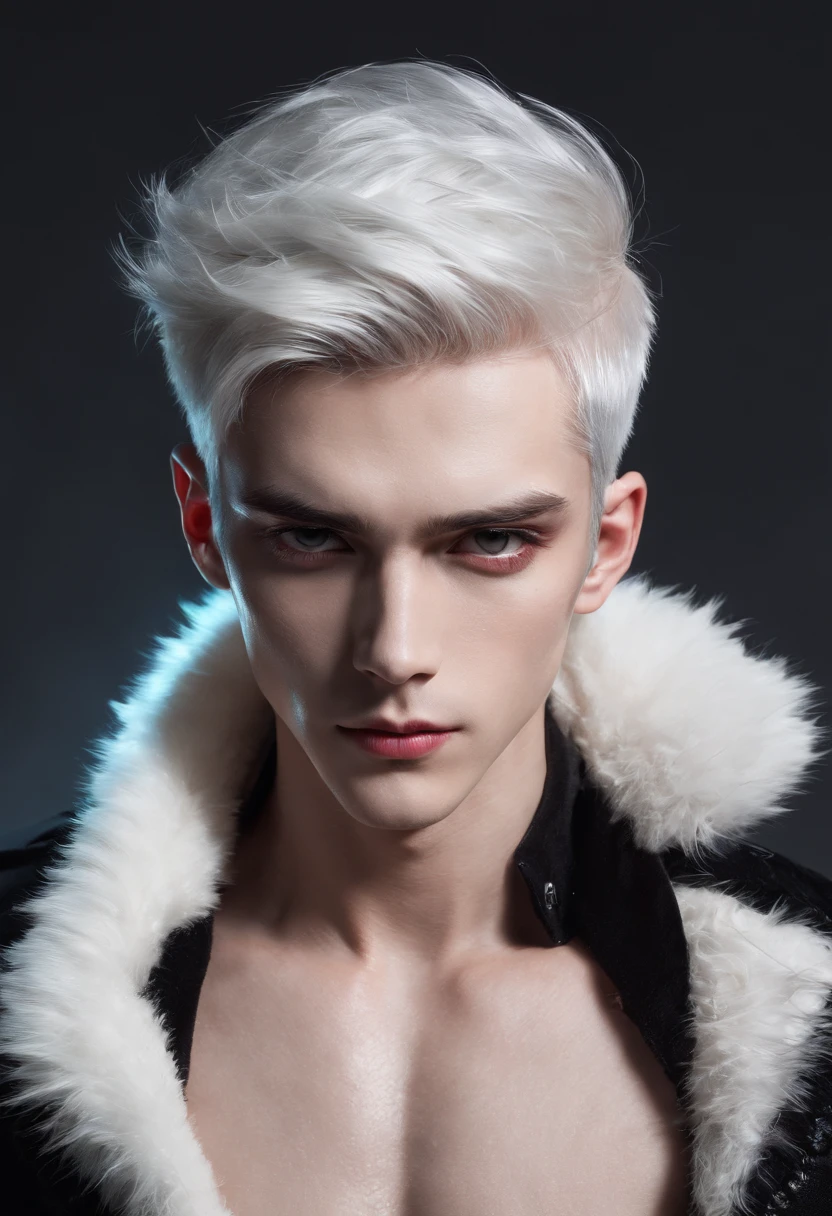 Young man, 20 years old, white hair, two block haircut , shirtless, wearing a black fur coat , reality photo, reality skin, detailed skin, glowing light eyes, Biomechanical, eerie, Creepy, nightmarish, Very bright colors, Light particles, with light glowing, Mshiff, wallpaper art, UHD wallpaper