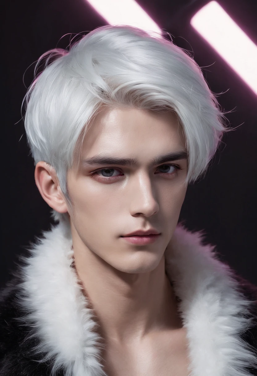 Young man, 20 years old, white hair, two block haircut , shirtless, wearing a black fur coat , reality photo, reality skin, detailed skin, glowing light eyes, Biomechanical, eerie, Creepy, nightmarish, Very bright colors, Light particles, with light glowing, Mshiff, wallpaper art, UHD wallpaper