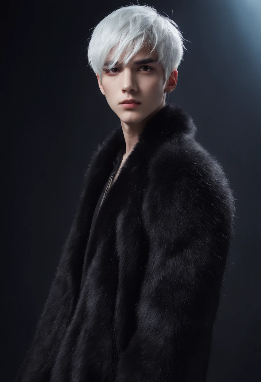 Young man, 20 years old, white hair, two block haircut , shirtless, wearing a black fur coat , reality photo, reality skin, detailed skin, glowing light eyes, Biomechanical, eerie, Creepy, nightmarish, Very bright colors, Light particles, with light glowing, Mshiff, wallpaper art, UHD wallpaper