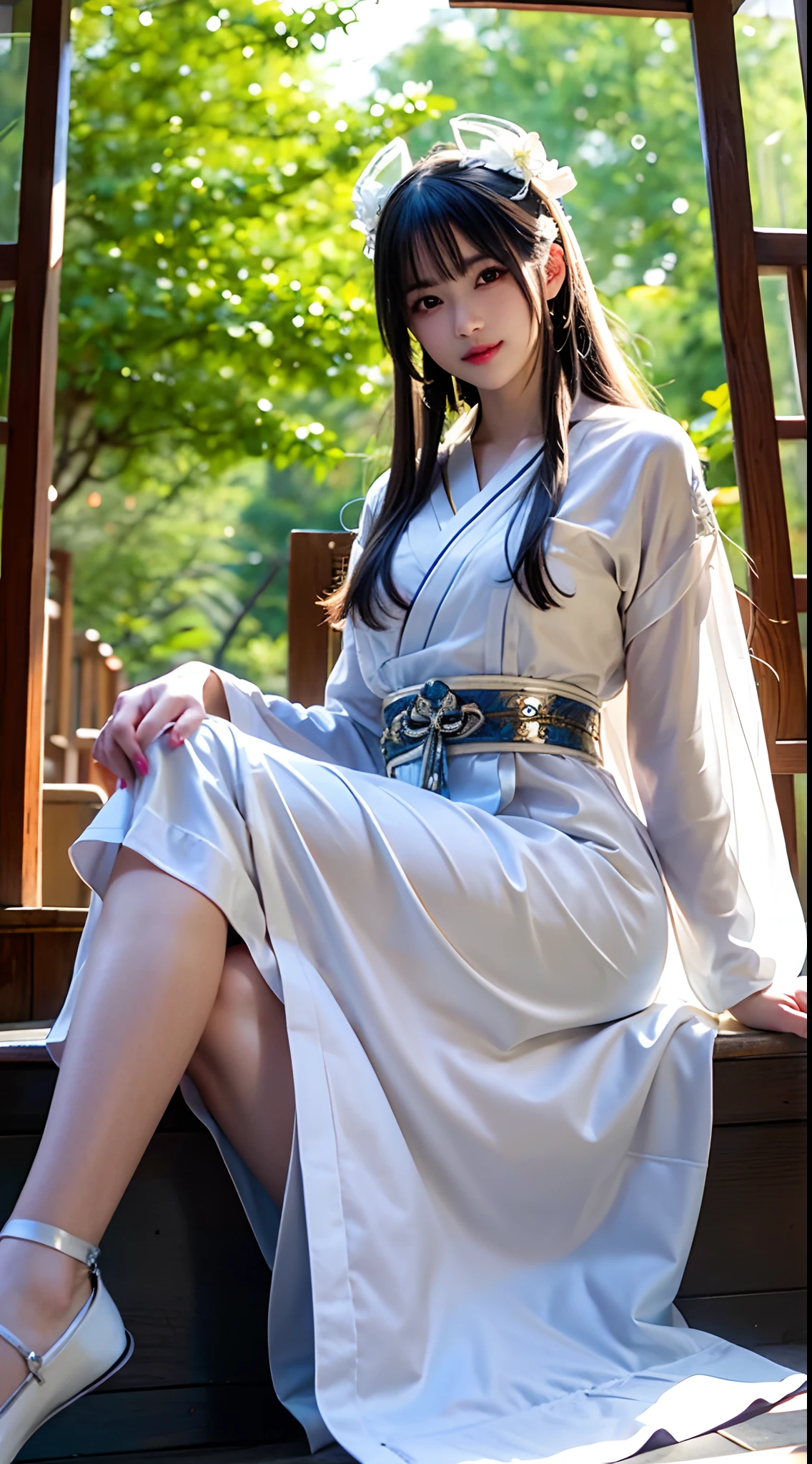 (best quality,4k,8k,highres,masterpiece:1.2),ultra-detailed,(realistic,photorealistic,photo-realistic:1.37),gorgeous,beautiful,blonde-haired,goddess sitting cross-legged on the steps in a white dress,sexy girl, Sakimi Chan illustration style, Japanese goddess, Sakimi Kan, stunning goddess, ethereal body, mesmerizing eyes, beautiful white attire, radiant sunlight, sparkling silver, Nara Yoshitomo, Leslie