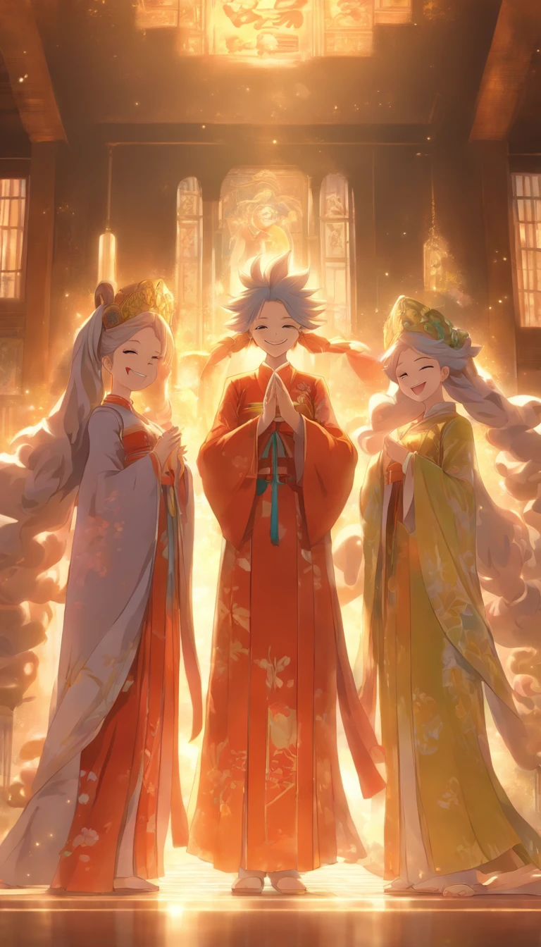 An elder laughs heartily, standing beside two young women. The two women smile and serve a holy figure dressed in magnificent robes. The room is filled with a peaceful and serene atmosphere, with sunlight streaming through the windows, casting warm light and shadow throughout the room. ,32k, best quality, masterpiece, super detail, high details by Jidaimono Anime Style