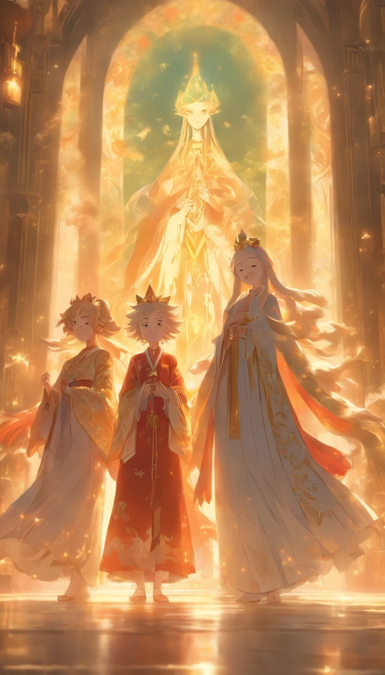 An elder laughs heartily, standing beside two young women. The two women smile and serve a holy figure dressed in magnificent robes. The room is filled with a peaceful and serene atmosphere, with sunlight streaming through the windows, casting warm light and shadow throughout the room. ,32k, best quality, masterpiece, super detail, high details by Jidaimono Anime Style