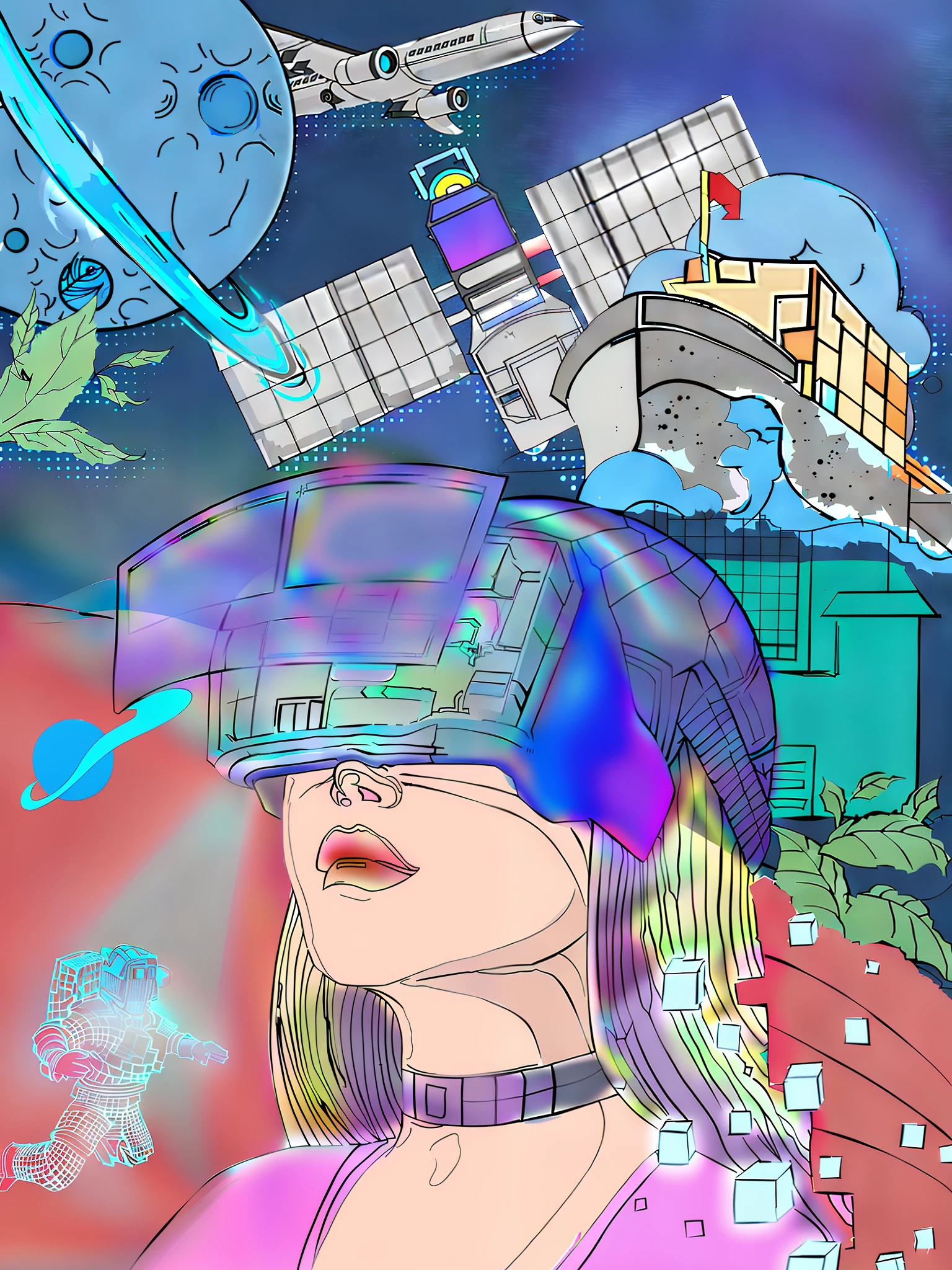A cartoon of a woman wearing a virtual reality headset,The background is space and planets, in style of digital illustration, digital 2d illustration, deeper into the metaverse we go, retro futuristic illustration, colorful dystopian futurism, Enhance vision, retro futurist, surreal cyberspace, 2D illustration, 2 d illustration, girl in space, 数字插图 -, scifi illustration