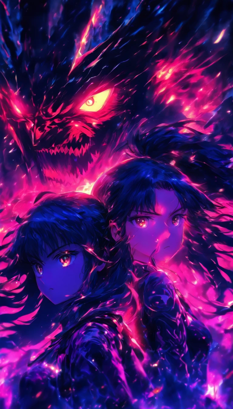 Two girls, one beautiful and one gentle, looking nervously ahead, expressing worry and unease in their eyes, surrounded by a dark atmosphere with an evil force approaching, ,32k, best quality, masterpiece, super detail, high details by Jidaimono Anime Style