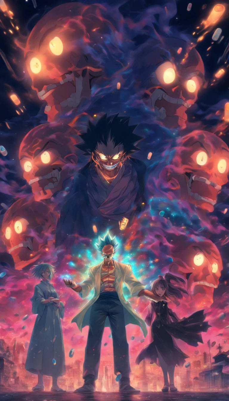 A middle-aged man, tall and grim-faced, groans. He throws a pair of pills towards two women. The surroundings are dark and eerie. ,32k, best quality, masterpiece, super detail, high details by Jidaimono Anime Style