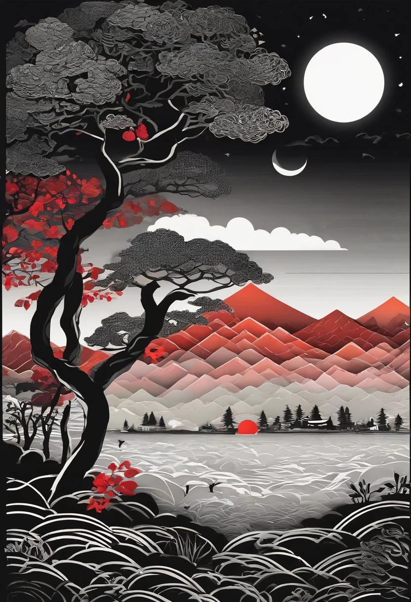 "(Black Full Moon Night+rot+blanche), Colorful colors、incredible details, Traditional background of Japan, Magnificent illustrations, Perfect picture quality"