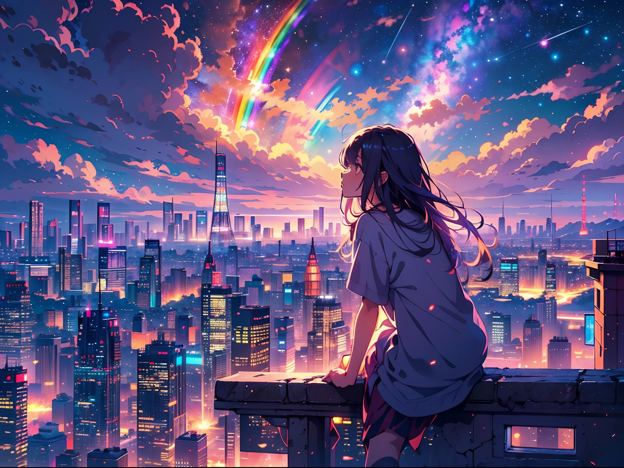 (best quality,4k,highres,masterpiece:1.2),ultra-detailed,realistic,anime girl standing on rooftop staring at night sky with stars and rainbow,rainbow starry night,anime-style art,beautiful detailed eyes,beautiful detailed lips,extremely detailed eyes and face,long eyelashes,vibrant colors,portraits,landscape,cityscape,huge full moon,quiet and calm atmosphere,majestic skyline with towering buildings,peaceful and serene feeling,detailed architecture silhouette,motionless and still air,soft gentle breeze,wispy clouds and fog,luminous starry sky,sparkling and shimmering stars,breathtaking star-filled backdrop,gorgeous vibrant rainbow,softly glowing rainbow colors,shooting stars streaking across the sky,crisp and clear view of night sky,gorgeous anime art wallpaper,ethereal and dreamlike setting,makoto shinkai cyril rolando-inspired illustration,immersive and captivating scene,mesmerizing anime girl with flowing hair,calm and content expression,city lights twinkling below,nighttime cityscape with glowing windows,tranquil and awe-inspiring rooftop view,peaceful and mesmerizing ambiance,reflective and contemplative moment,deep sense of tranquility and solitude,light pollution revealing distant galaxies and constellations,awe-inspiring beauty of the universe,heartwarming sense of wonder and awe.
