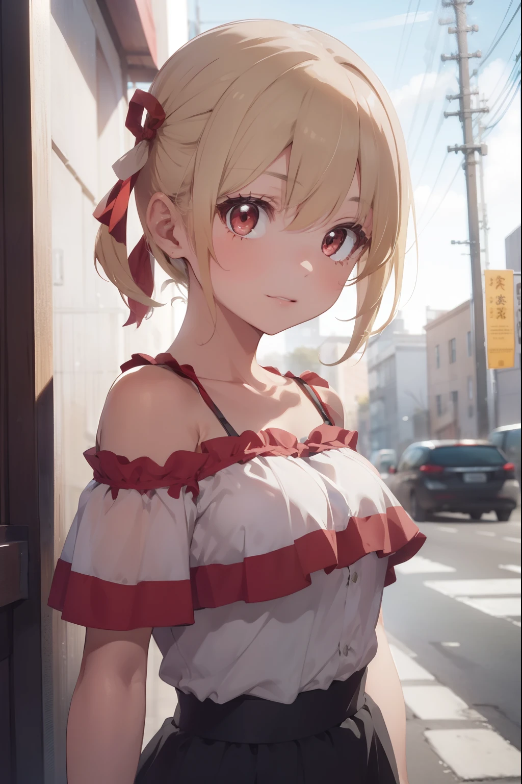 chisatonishikigi, nishikigi chisato, short hair, bangs, blonde hair, (red eyes:1.5), hair ribbon, one side up, bob cut,
BREAK shirt, bare shoulders, twintails, collarbone, hair ribbon, white shirt, frills, off shoulder, red ribbon, short twintails, off-shoulder shirt, frilled shirt,
BREAK outdoors, city,
BREAK looking at viewer, BREAK (masterpiece:1.2), best quality, high resolution, unity 8k wallpaper, (illustration:0.8), (beautiful detailed eyes:1.6), extremely detailed face, perfect lighting, extremely detailed CG, (perfect hands, perfect anatomy),