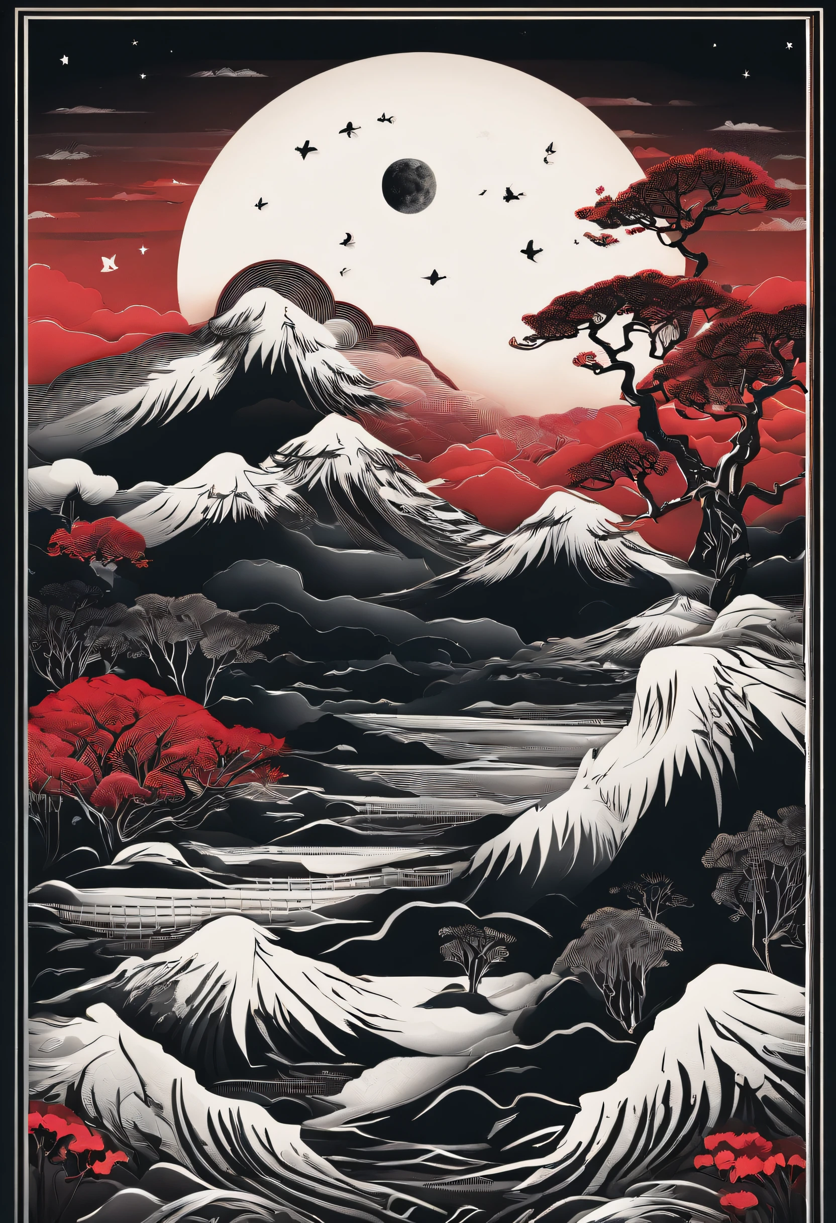 "(Black Full Moon Night+rot+blanche), Colorful colors、incredible details, Traditional background of Japan, Magnificent illustrations, Perfect picture quality"