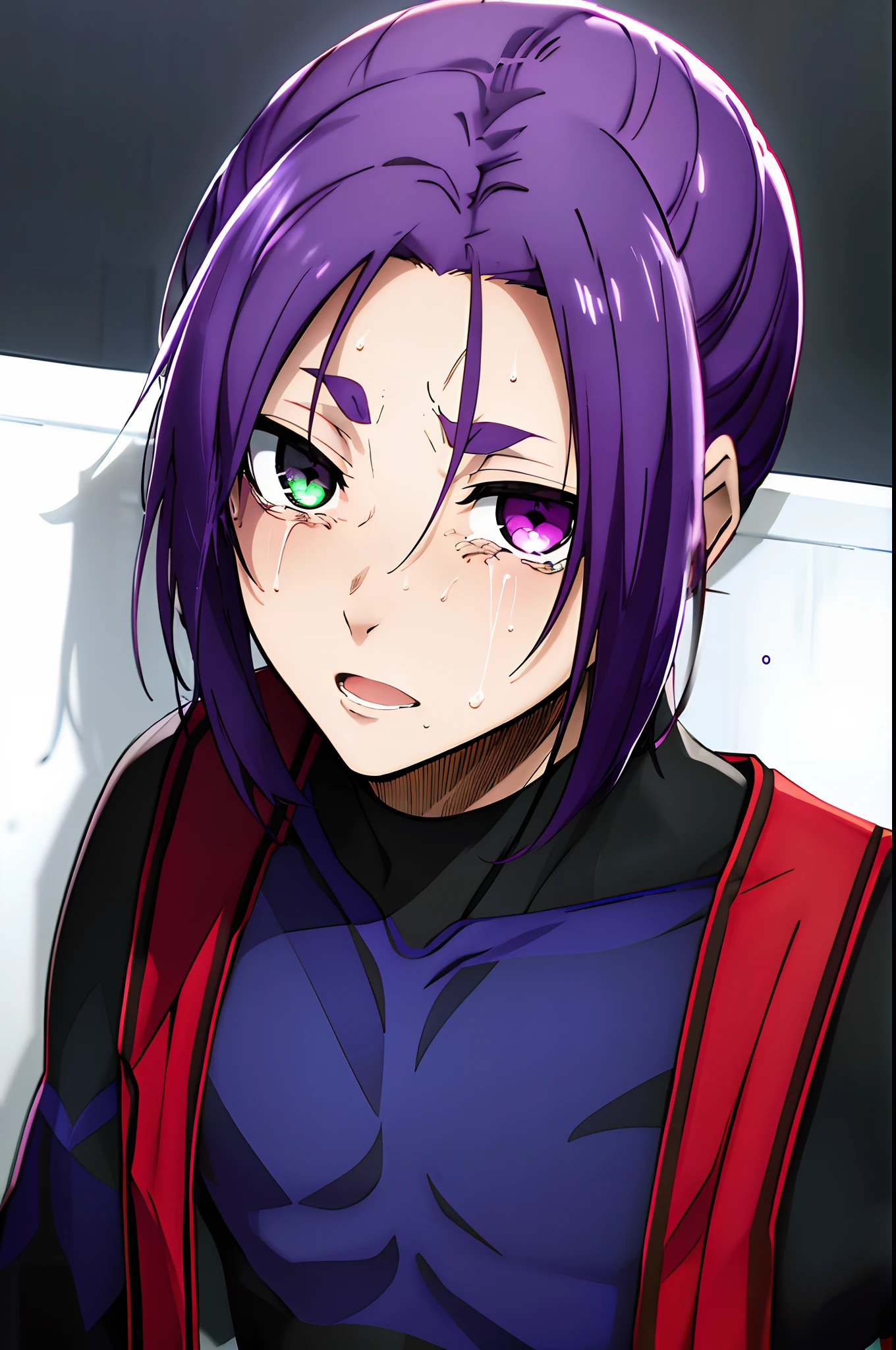 best qualtiy，tmasterpiece，Ultimate Resolution, Purple hair, Heterochromia, Green eyes, Purple eyes, Tears, Crying face, red blush