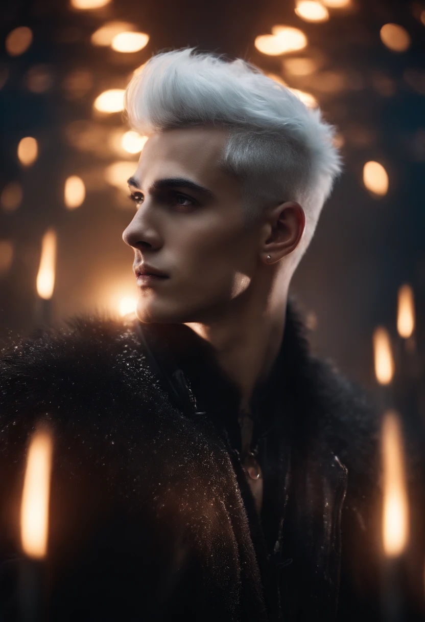 Young man, 20 years old, white hair, two block haircut , shirtless, wearing a black fur coat , reality photo, reality skin, detailed skin, glowing light eyes, Biomechanical, eerie, Creepy, nightmarish, Very bright colors, Light particles, with light glowing, Mshiff, wallpaper art, UHD wallpaper