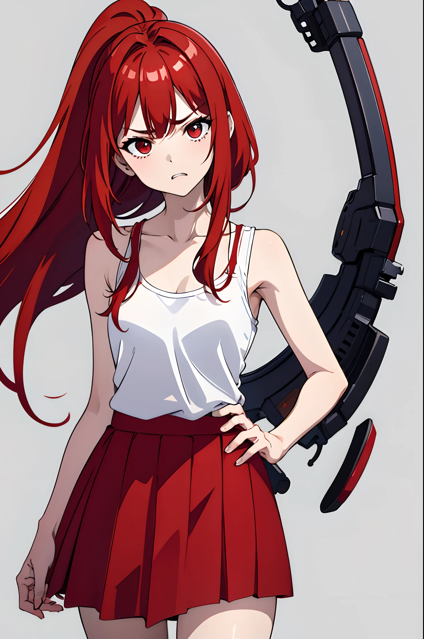 ((masterpiece、top-quality))、独奏:1.5、simple background:1.3、,red hairs、poneyTail、get angry、Tight camisole、skirt by the