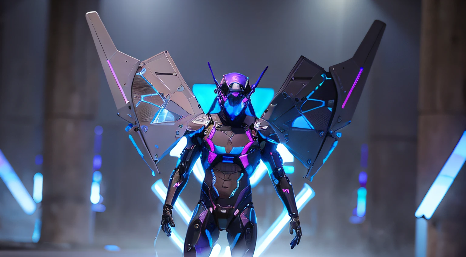 wings leds, divine paradise. neon blue and Purple butterfly wings leds. heavenly illumination. God. Holy robotic. levitating. Position of god. Floating in a cathedral. strong, robust and masculine body. fat arms. Position of divinity. Floating. divine statue, pedestal, holy pedestal. levitating. masterpiece, best quality, a close up of a futuristic looking cyborg man with a fantastic cyber helmet head with blue and Purple triangle led lights and a halo, full body, dancing. dance. synthwave ballad. silver pants. wearing a blue and Purple techwear jacket, white church in background. jump, full body, robotic legs. divine statue, pedestal, holy pedestal. neon blue and Purple butterfly wings leds.