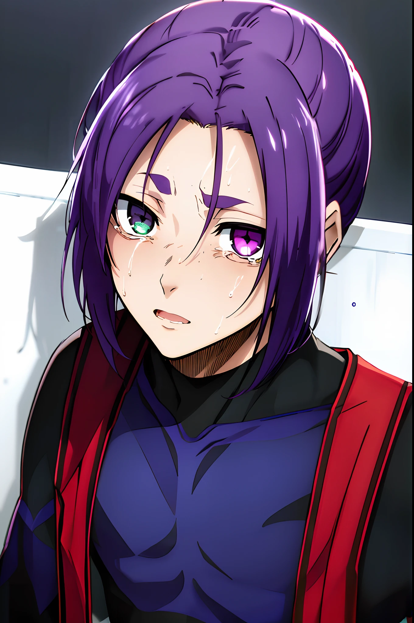 best qualtiy,tmasterpiece,Ultimate Resolution, Purple hair, Heterochromia, Green eyes, Purple eyes, Tears, Crying face, red blush