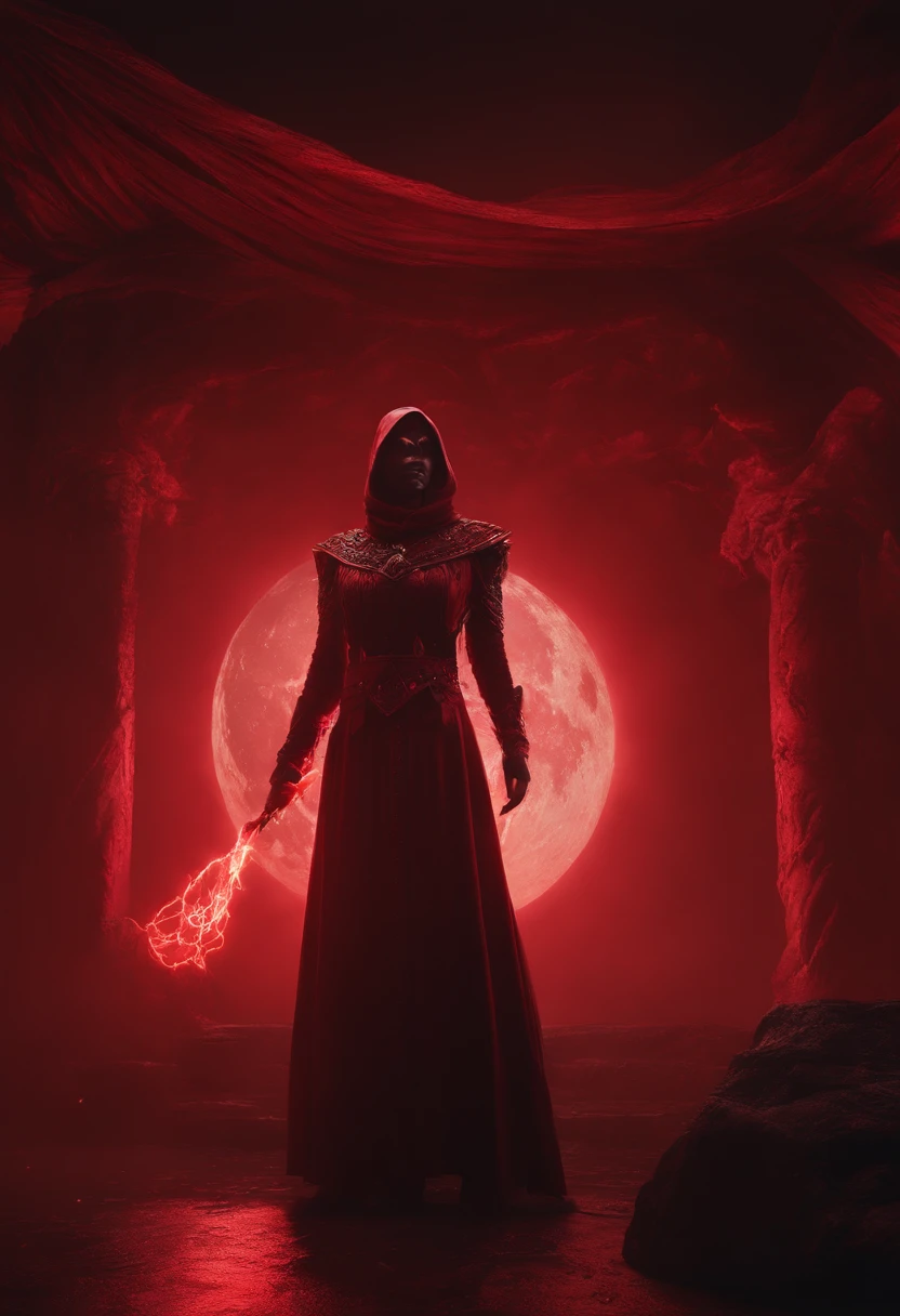 Red Necromancer, blood moon, Ray tracing, masutepiece, Best Quality, ultra-quality, absurd details, best light, Best Shadow, sharp, Sharp Image, Detailed, Extremely detailed, great resolution, 8K, 4K, nffsw, particles effect, beautiful effects, Vivid colors, Neon light, neons, light,