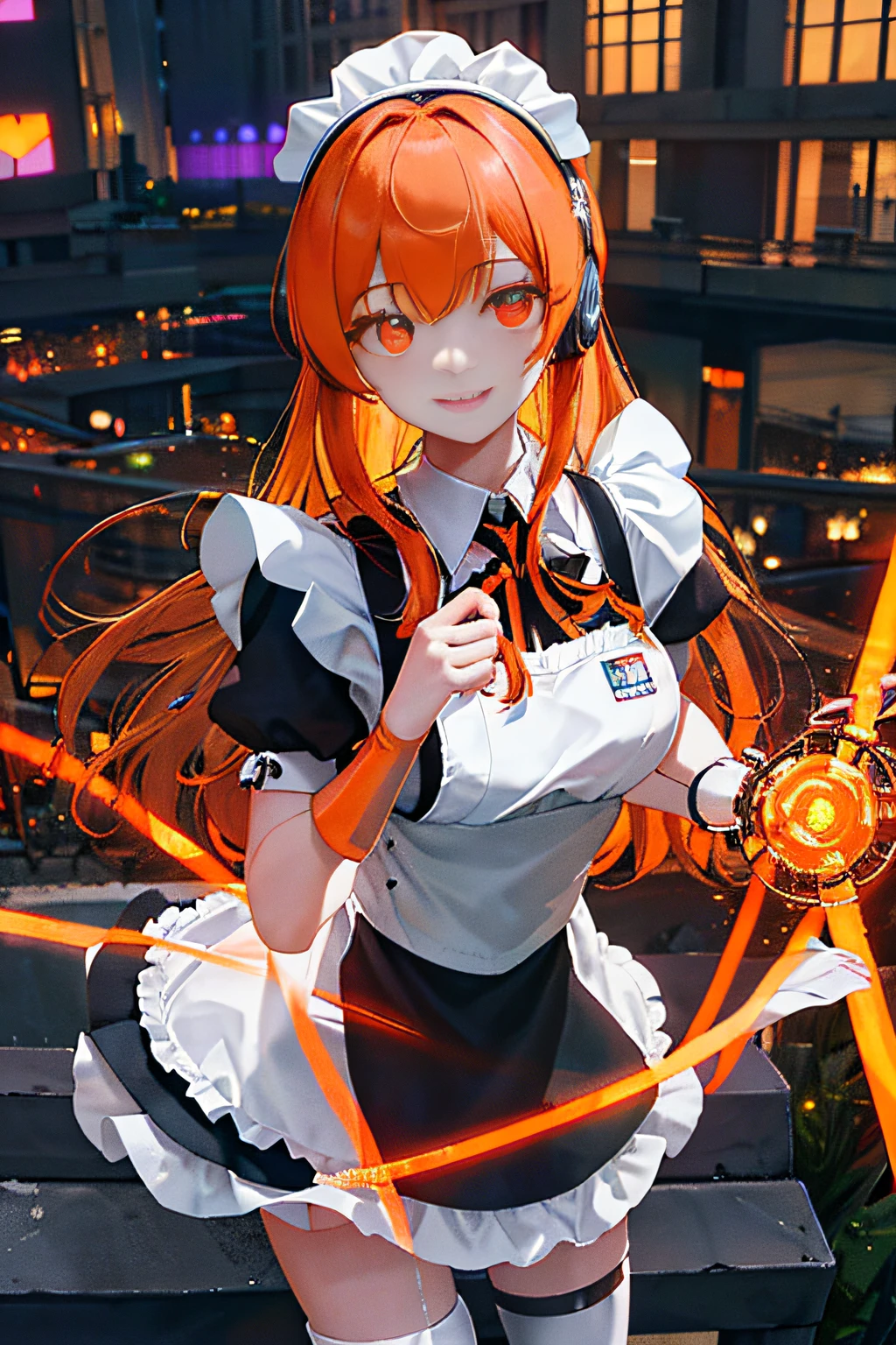 Cybernetic arm and glowing cyber girl,(maid clothes,Maid's apron, Maid headdress,)Stand on a post-apocalyptic battlefield cityscape.Surrounded by a network of wires. Surrounded by a web of circuits. (Cyber Girl with Orange Glowing Sword:1.3), Glossy light brown and orange striped shorthair,Cute smile,Perfect round face,Black eyes,A cheerful smile that makes the viewer happy,Proper body proportion,masutepiece,Super high-quality output images,hight resolution,Intricate details,Very delicate and beautiful hair,photos realistic,Dreamy,Professional Lighting,realistic shadow,Solo Focus,Beautiful hands,Beautiful fingers,Detailed finger features,detailed clothes features,Detailed hair features,detailed facial features,