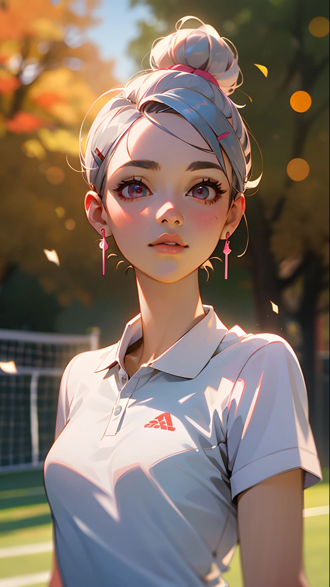 A girl, solo, tennis attire, white polo shirt, white sneakers, white mini skirt, silver bobbed short hair styled in a bun with a hairclip, pink eyes, peach skin, small breasts, outside of a house, autumn trees, bokeh, high-quality, 4k, ultra-detailed, realistic, portraits, vibrant colors, natural lighting.