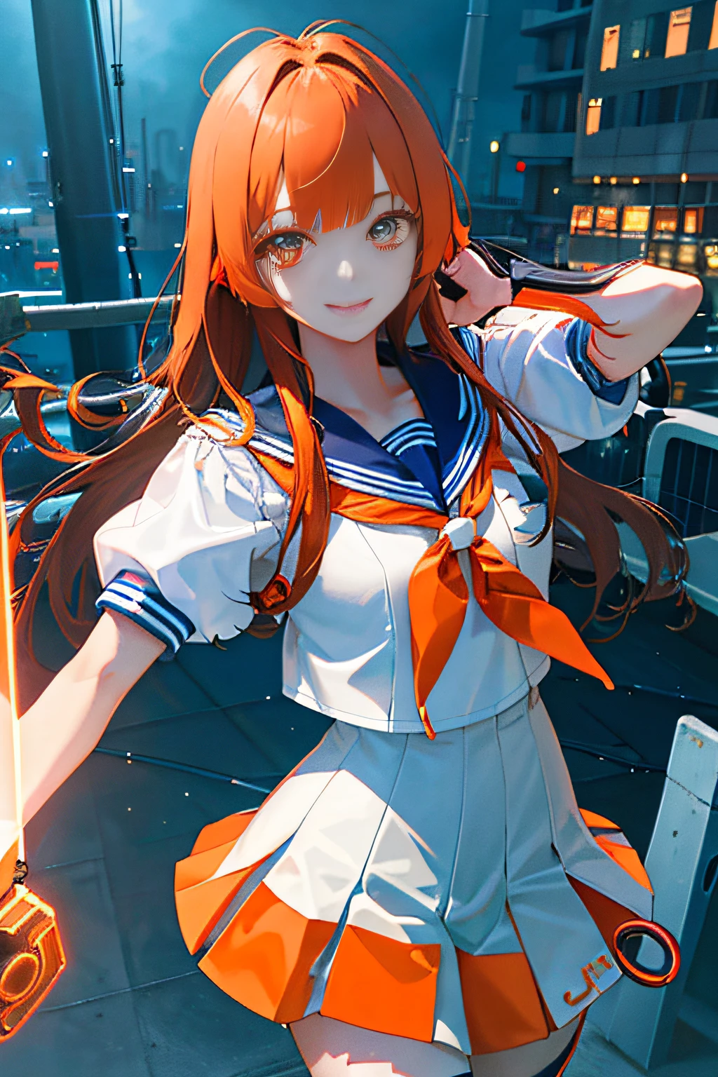 Cybernetic arm and glowing cyber girl,(J Women's Uniform,a sailor suit,white skirt,)Stand on a post-apocalyptic battlefield cityscape.Surrounded by a network of wires. Surrounded by a web of circuits. (Cyber Girl with Orange Glowing Sword:1.3), Glossy light brown and orange striped shorthair,Cute smile,Perfect round face,Black eyes,A cheerful smile that makes the viewer happy,Proper body proportion,masutepiece,Super high-quality output images,hight resolution,Intricate details,Very delicate and beautiful hair,photos realistic,Dreamy,Professional Lighting,realistic shadow,Solo Focus,Beautiful hands,Beautiful fingers,Detailed finger features,detailed clothes features,Detailed hair features,detailed facial features,