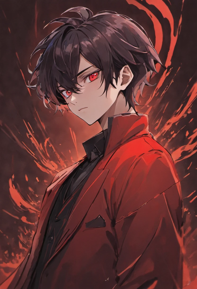 The man has black hair, gray and red eyes, has red dragon ears, wears a white shirt and wears a black tie, wears a black robe.