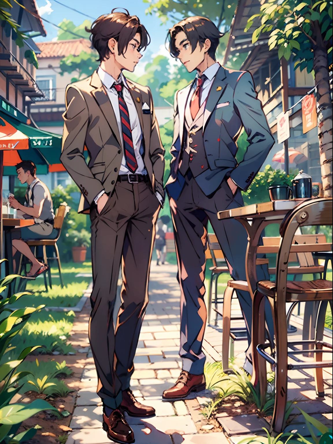 2boys,11 only、(Man's :2),(bobhair:1.5)、A dark-haired、Brown hair、Suits、Brightly colored ties、chum、cafes、Trees、Natural lighting、hightquality、masutepiece,8K,hight resolution、