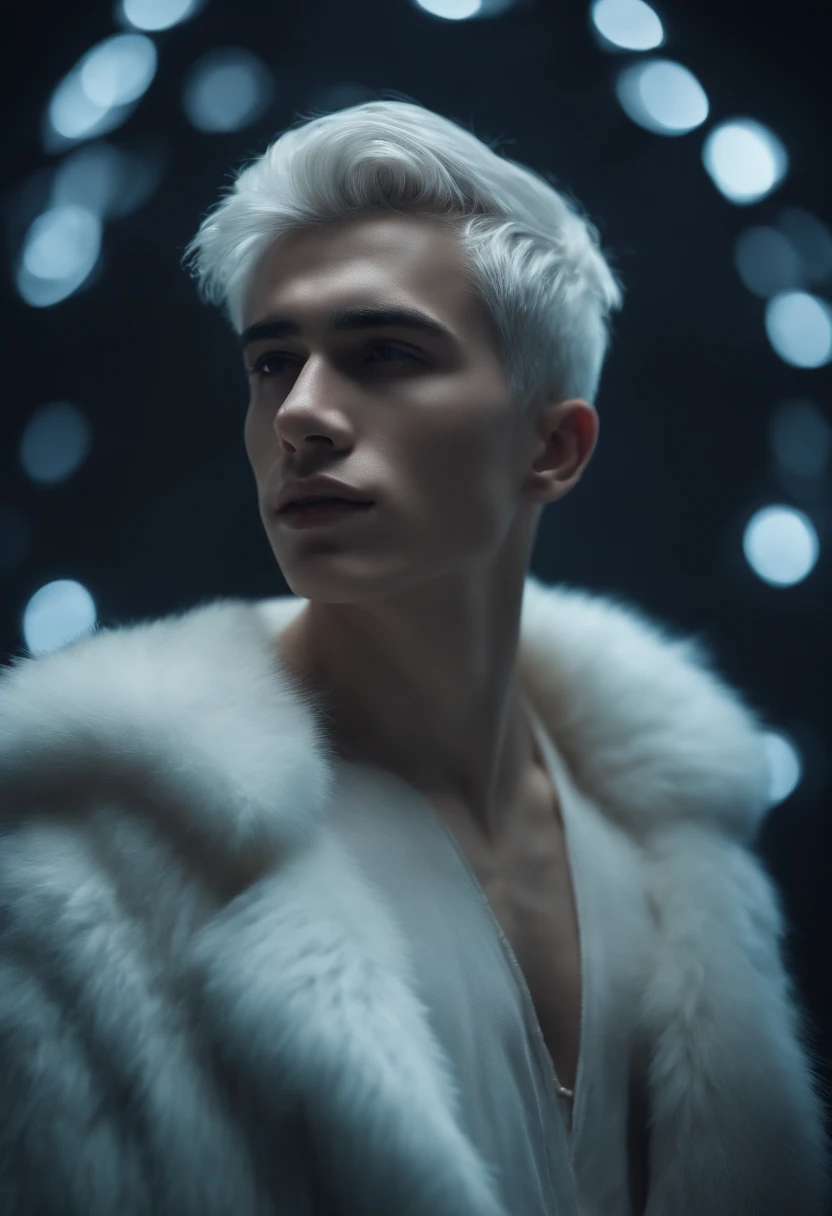 Young man, 20 years old, white hair, two block haircut , shirtless, wearing a black fur coat , reality photo, reality skin, detailed skin, glowing light eyes, Biomechanical, eerie, Creepy, nightmarish, Very bright colors, Light particles, with light glowing, Mshiff, wallpaper art, UHD wallpaper