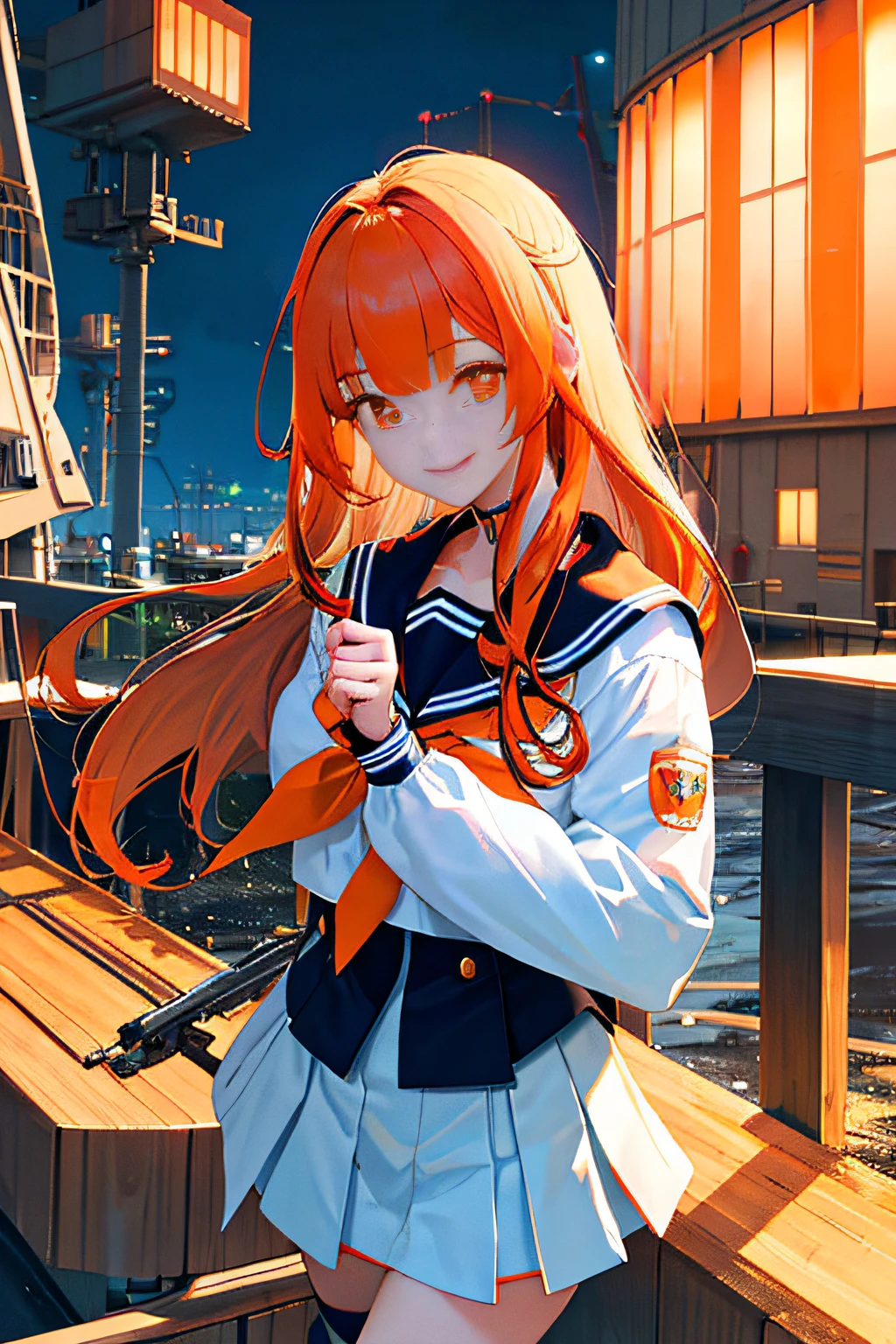 Cybernetic arm and glowing cyber girl,(J Women's Uniform,a sailor suit,white skirt,)Stand on a post-apocalyptic battlefield cityscape.Surrounded by a network of wires. Surrounded by a web of circuits. (Cyber Girl with Orange Glowing Sword:1.3), Glossy light brown and orange striped shorthair,Cute smile,Perfect round face,Black eyes,A cheerful smile that makes the viewer happy,Proper body proportion,masutepiece,Super high-quality output images,hight resolution,Intricate details,Very delicate and beautiful hair,photos realistic,Dreamy,Professional Lighting,realistic shadow,Solo Focus,Beautiful hands,Beautiful fingers,Detailed finger features,detailed clothes features,Detailed hair features,detailed facial features,