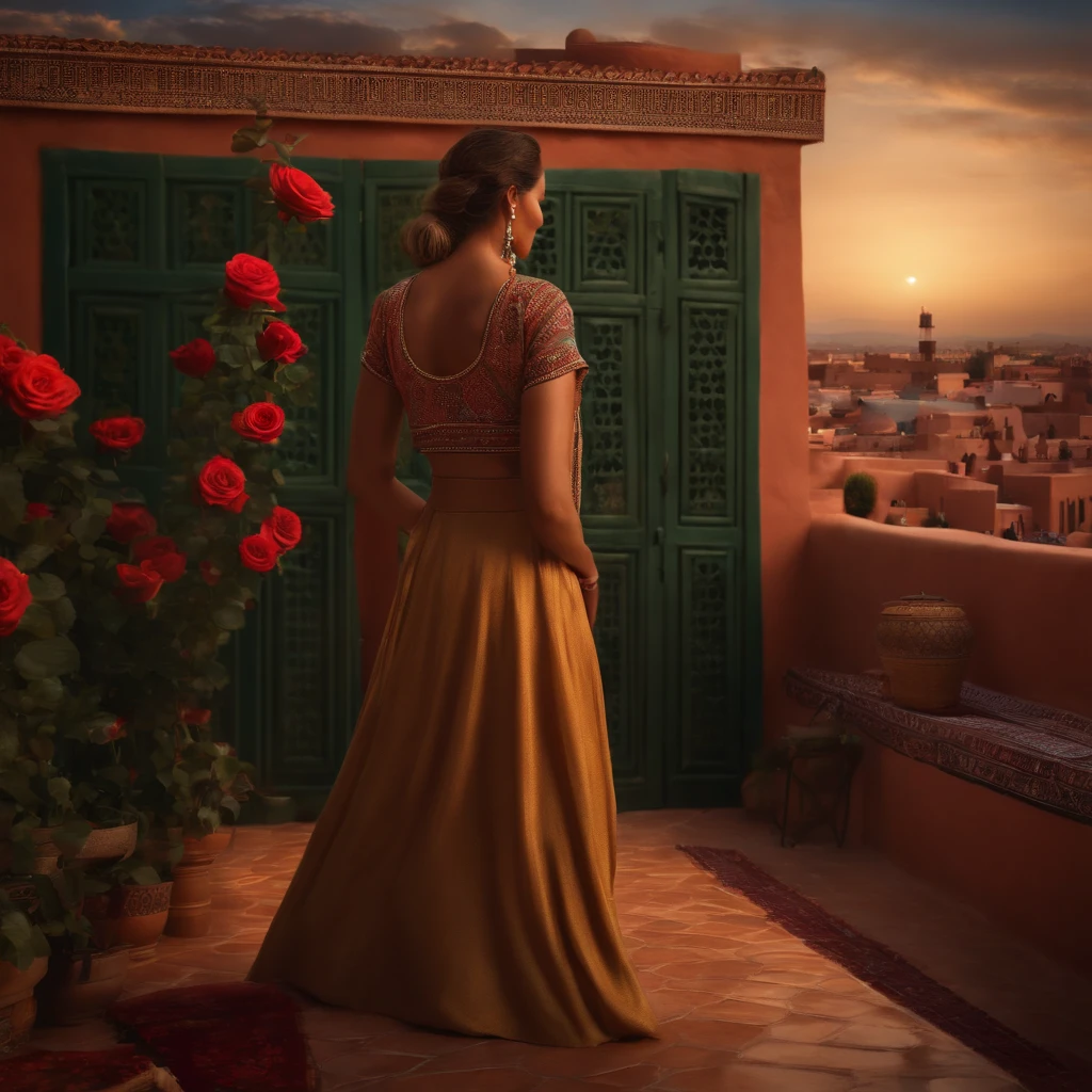 (best quality:1.33), (masterpiece:1.42),(photorealistic:1.3) (detailed:1.15), Moroccan rooftop, one curvy woman from behind, facing view, praying, sobbing, (riad rooftop), (Marrakech background), roses, glimmering