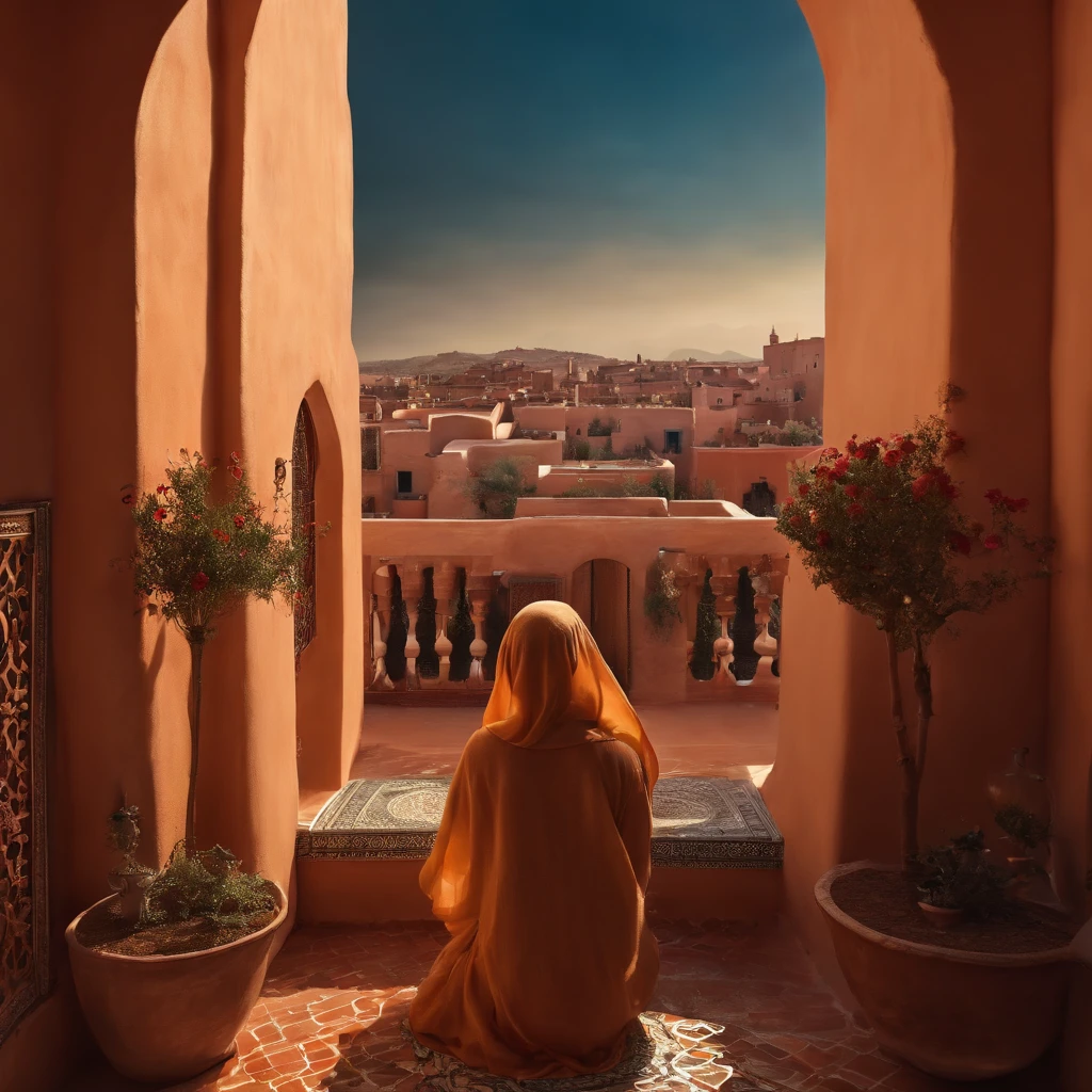 (best quality:1.33), (masterpiece:1.42),(photorealistic:1.3) (detailed:1.15), Moroccan rooftop, one curvy woman from behind, facing view, praying, sobbing, (riad rooftop), (Marrakech background), roses, glimmering