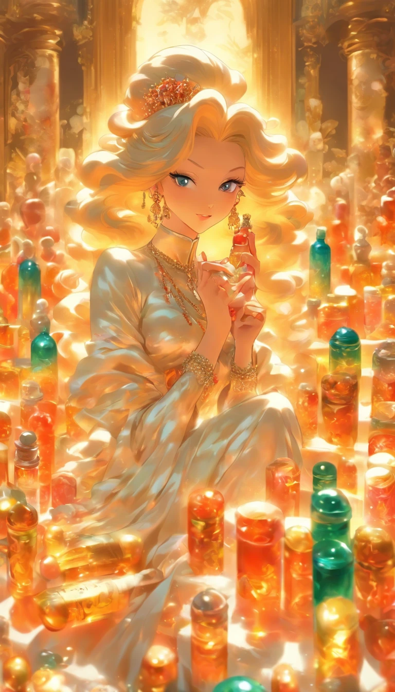 A glamorous woman holding a bottle of exquisite pills, surrounded by a group of obedient men and women, luxurious elements such as palaces and extravagant furniture in the scene, ,32k, best quality, masterpiece, super detail, high details by Jidaimono Anime Style