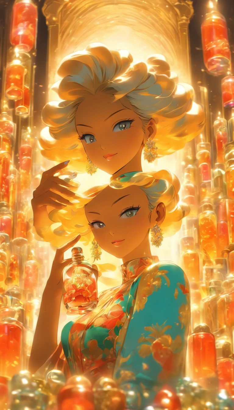 A glamorous woman holding a bottle of exquisite pills, surrounded by a group of obedient men and women, luxurious elements such as palaces and extravagant furniture in the scene, ,32k, best quality, masterpiece, super detail, high details by Jidaimono Anime Style