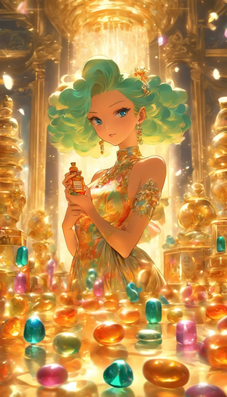 A glamorous woman holding a bottle of exquisite pills, surrounded by a group of obedient men and women, luxurious elements such as palaces and extravagant furniture in the scene, ,32k, best quality, masterpiece, super detail, high details by Jidaimono Anime Style