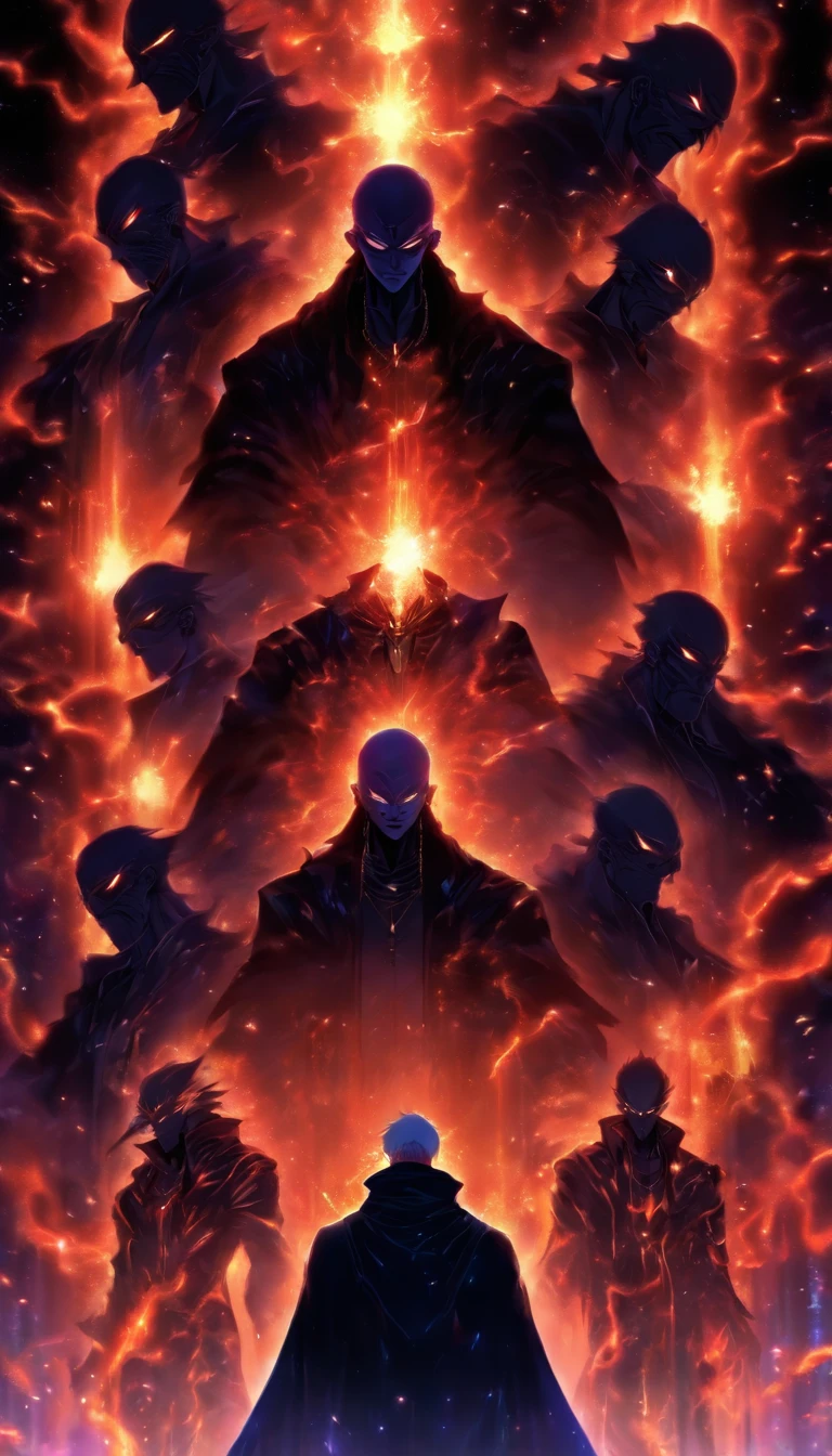 Elder He, with a sinister expression on his face, standing in front of a huge dark energy matrix, a helpless young saint bound in the center of the matrix, and two talented demon cultivators being chased by Elder He's subordinates, ,32k, best quality, masterpiece, super detail, high details by Jidaimono Anime Style
