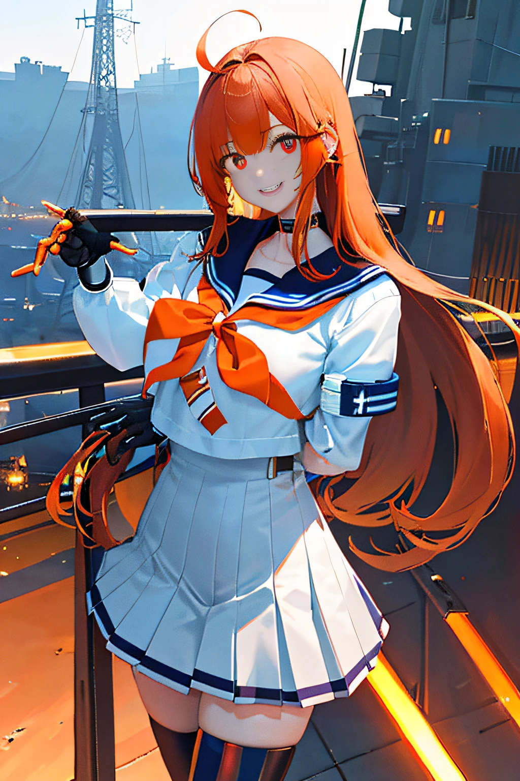 Cybernetic arm and glowing cyber girl,(J Women's Uniform,a sailor suit,white skirt,)Stand on a post-apocalyptic battlefield cityscape.Surrounded by a network of wires. Surrounded by a web of circuits. (Cyber Girl with Orange Glowing Sword:1.3), Glossy light brown and orange striped shorthair,Cute smile,Perfect round face,Black eyes,A cheerful smile that makes the viewer happy,Proper body proportion,masutepiece,Super high-quality output images,hight resolution,Intricate details,Very delicate and beautiful hair,photos realistic,Dreamy,Professional Lighting,realistic shadow,Solo Focus,Beautiful hands,Beautiful fingers,Detailed finger features,detailed clothes features,Detailed hair features,detailed facial features,