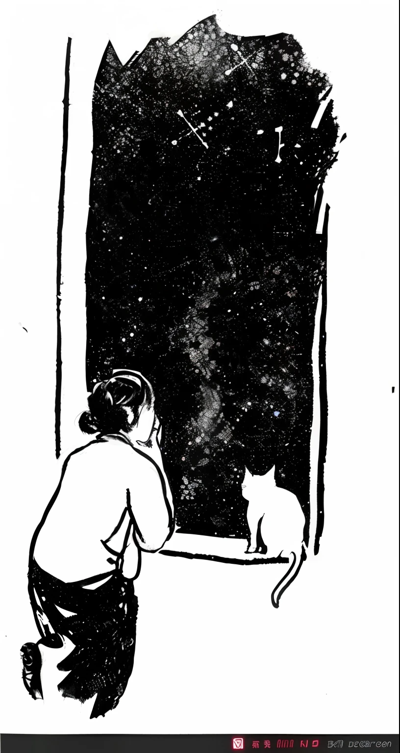 Woman and cat looking out the window，The starry sky is outside the window，Below is the woods