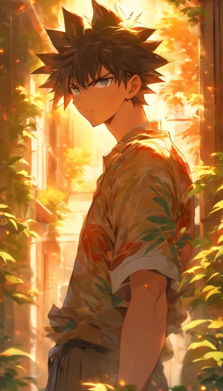 A young man standing aside, looking dumbfounded at what is happening, surrounded by a beautiful courtyard with sunlight filtering through the leaves, ,32k, best quality, masterpiece, super detail, high details by Jidaimono Anime Style