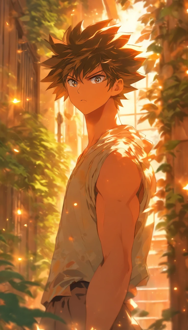 A young man standing aside, looking dumbfounded at what is happening, surrounded by a beautiful courtyard with sunlight filtering through the leaves, ,32k, best quality, masterpiece, super detail, high details by Jidaimono Anime Style