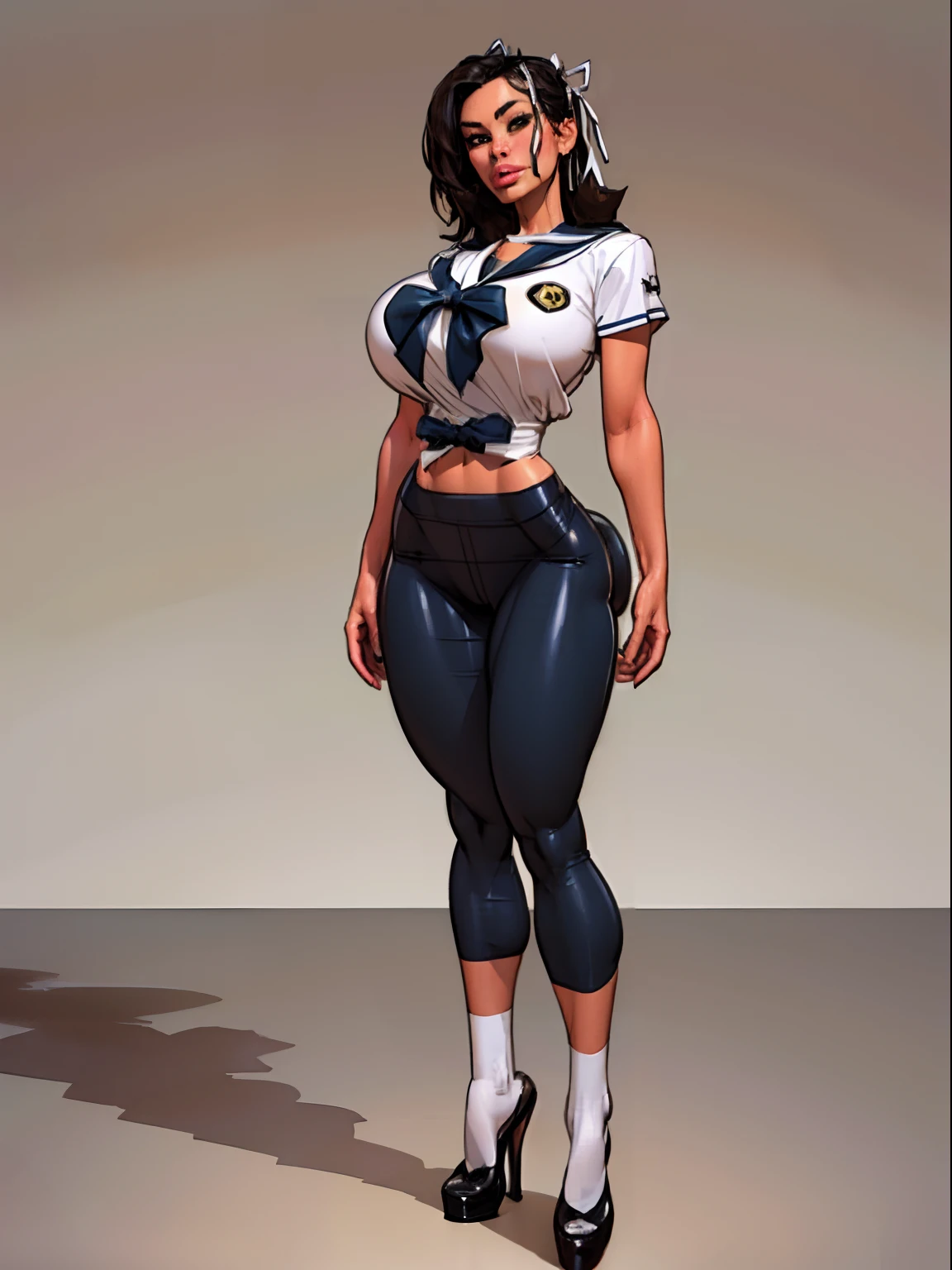 Lonely young girl, Tall stature, large chest, closed mouth, asian face: brown eyes; black hair; sharp facial features; dimple on the chin; asian; ; pronounced high cheekbones; high forehead, stands upright, (gigantic breasts:1.4), detailed face, school uniform: large ribbon; pants, Full-length painting, white crew socks, black heels, big eyes, Thepit style