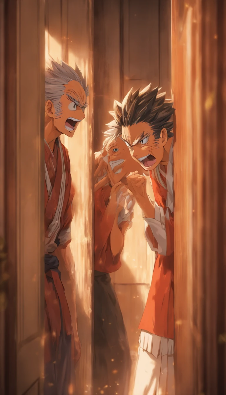 A young man reluctantly wipes the corner of his mouth, looking at the enthusiastic elder, and agrees to the elder's request. They enter a room together. ,32k, best quality, masterpiece, super detail, high details by Jidaimono Anime Style