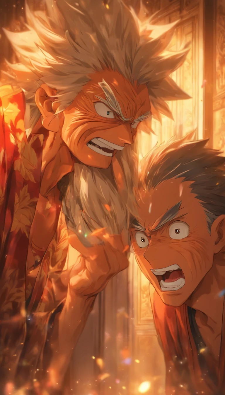 A young man reluctantly wipes the corner of his mouth, looking at the enthusiastic elder, and agrees to the elder's request. They enter a room together. ,32k, best quality, masterpiece, super detail, high details by Jidaimono Anime Style