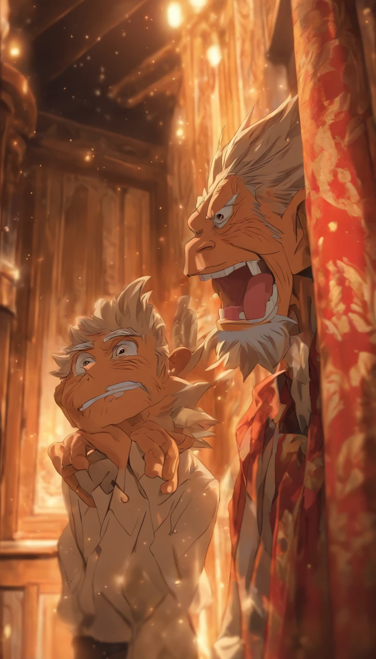 A young man reluctantly wipes the corner of his mouth, looking at the enthusiastic elder, and agrees to the elder's request. They enter a room together. ,32k, best quality, masterpiece, super detail, high details by Jidaimono Anime Style