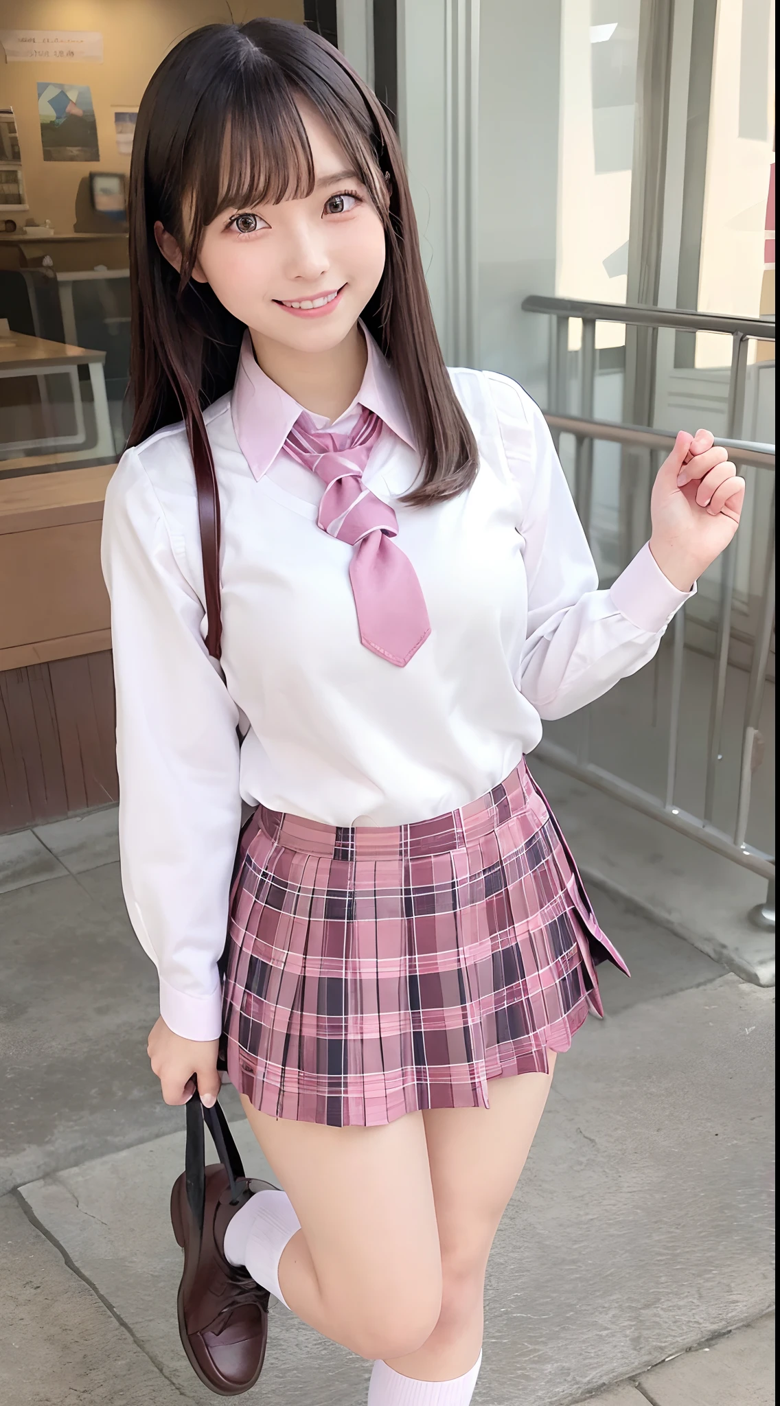 der riese,(high-school uniform:1.2), ((A smile:1.2)), Looking down, Pink skirt, Stomping, low angles、thighs thighs thighs thighs、a miniskirt、Pink tie