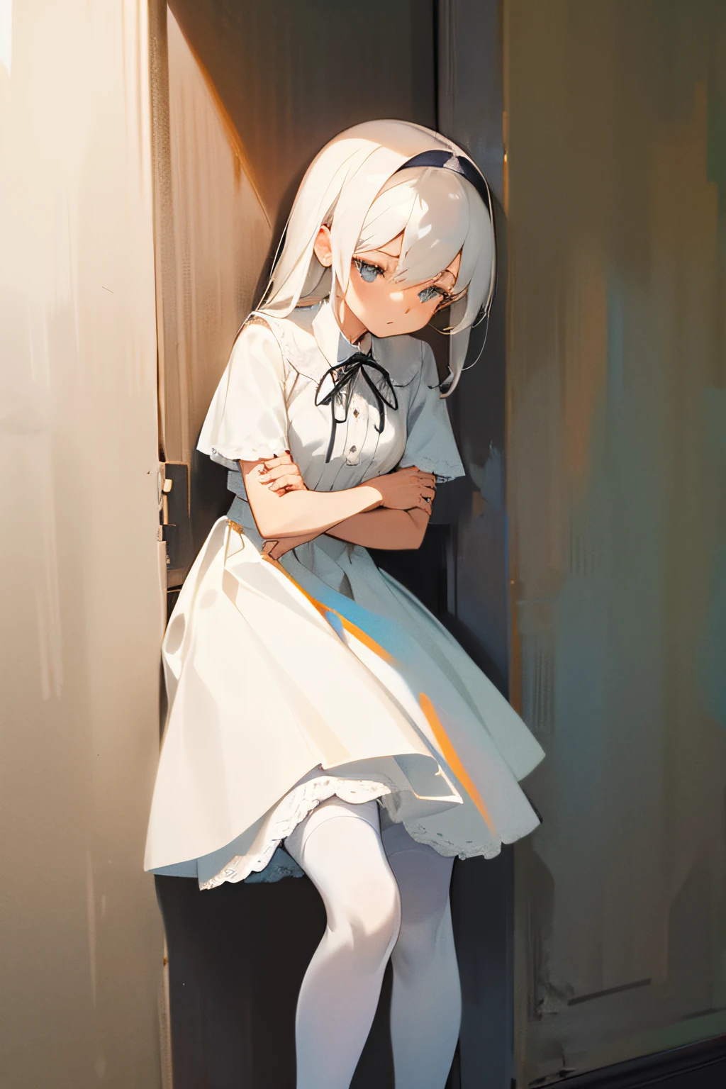 Girl in white stockings and white dress leaning against the wall