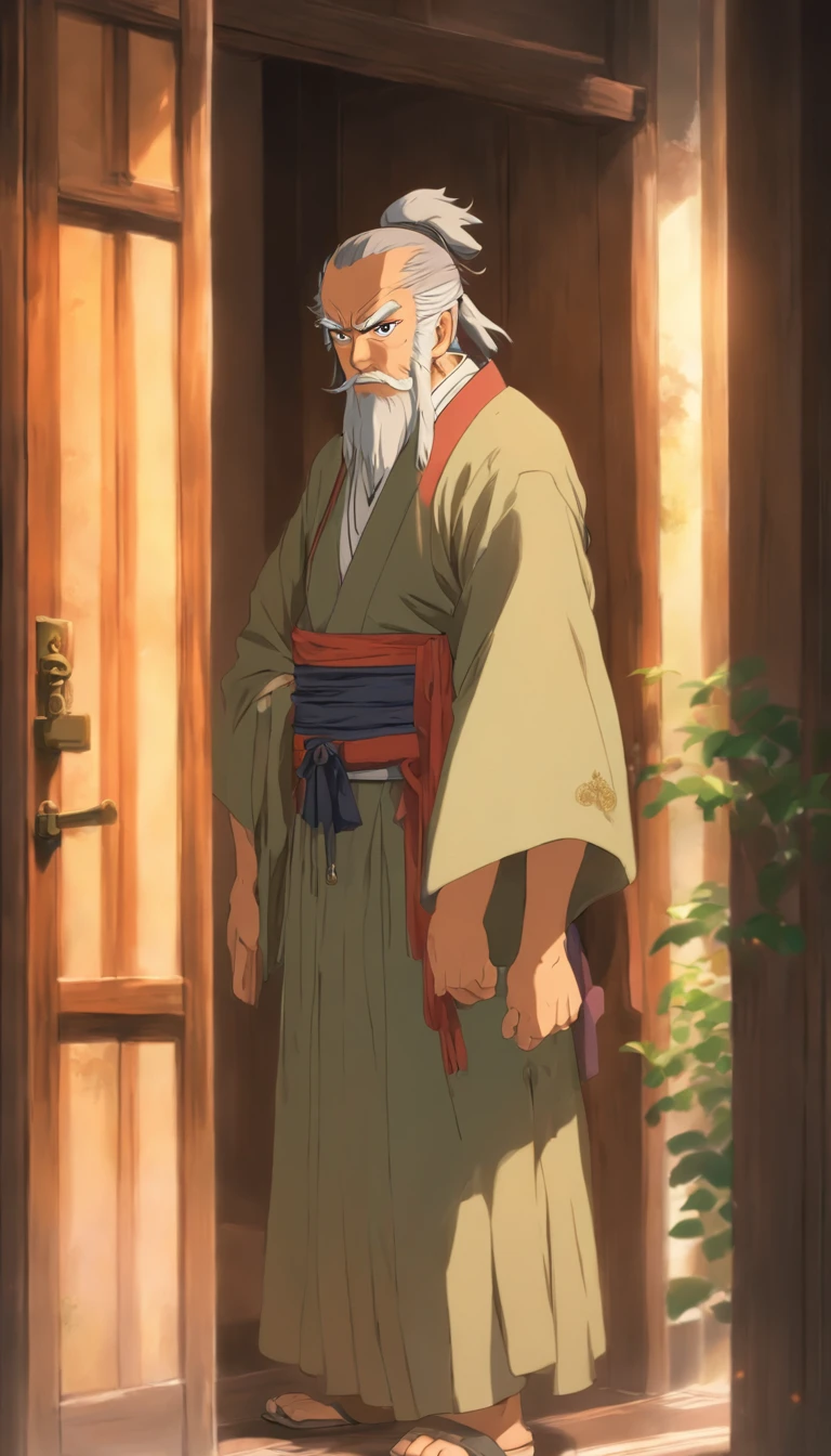 An old man with a flattering expression standing in front of the door, inviting respectfully. I hesitated for a moment and then walked into the room. The room is simple, with an ancient painting hanging on the wall and faint sunlight coming in through the window. ,32k, best quality, masterpiece, super detail, high details by Jidaimono Anime Style