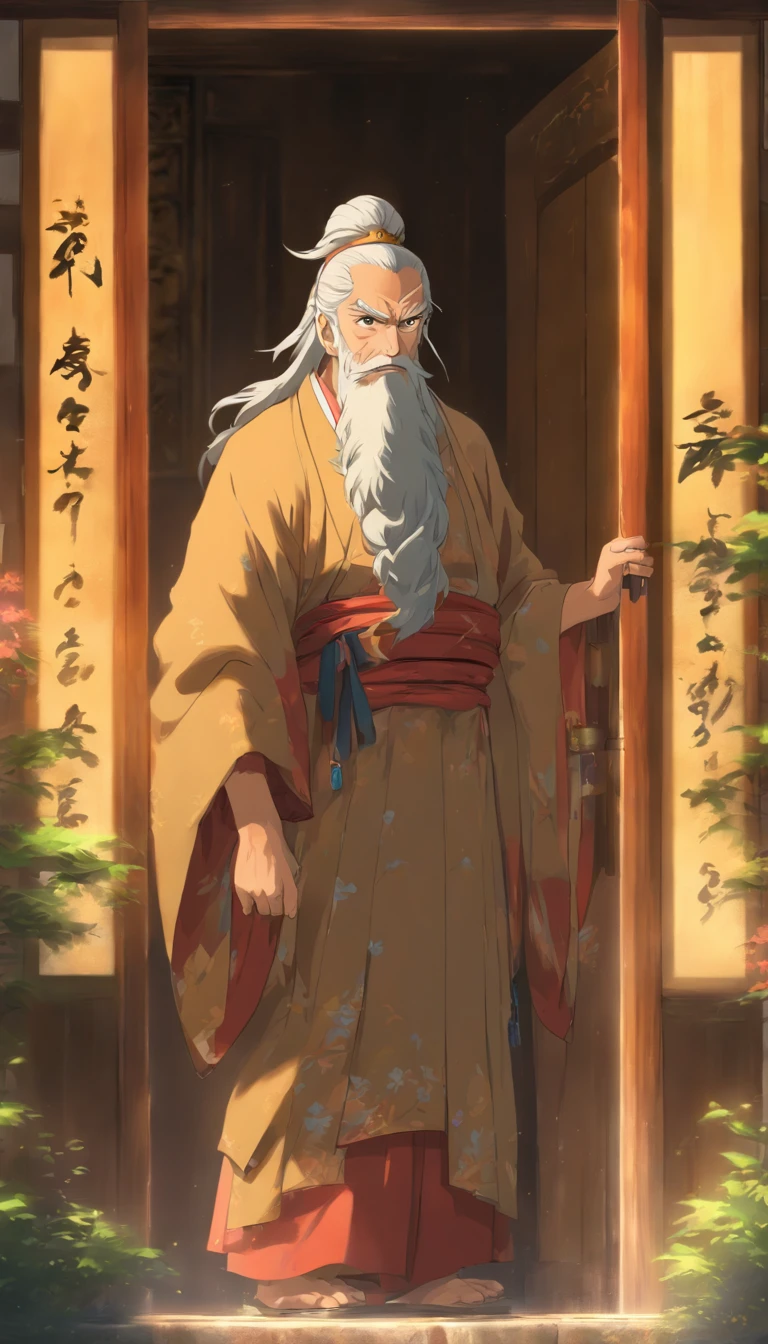 An old man with a flattering expression standing in front of the door, inviting respectfully. I hesitated for a moment and then walked into the room. The room is simple, with an ancient painting hanging on the wall and faint sunlight coming in through the window. ,32k, best quality, masterpiece, super detail, high details by Jidaimono Anime Style