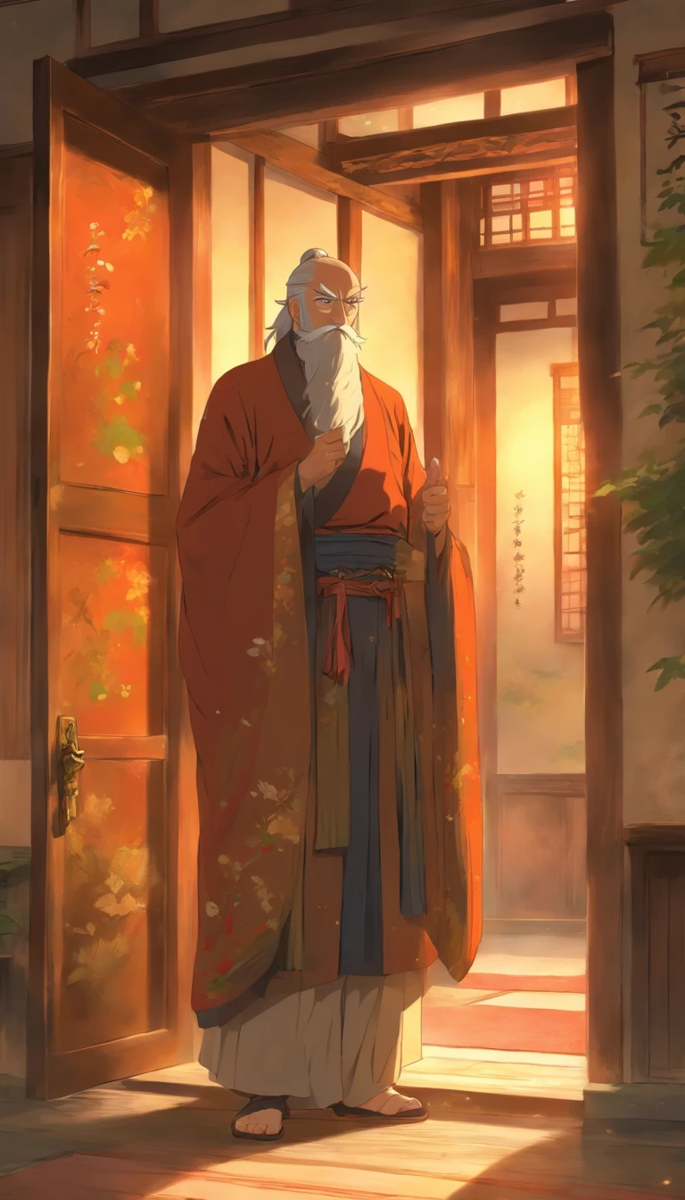 An old man with a flattering expression standing in front of the door, inviting respectfully. I hesitated for a moment and then walked into the room. The room is simple, with an ancient painting hanging on the wall and faint sunlight coming in through the window. ,32k, best quality, masterpiece, super detail, high details by Jidaimono Anime Style