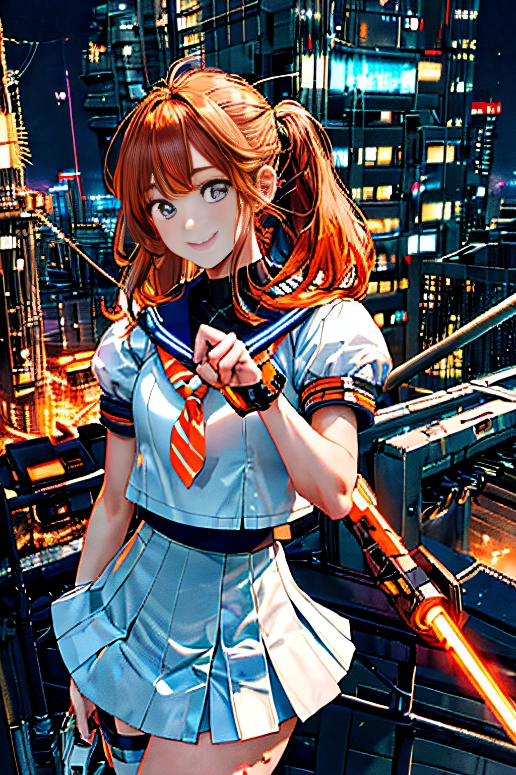 Cybernetic arm and glowing cyber girl,(J Women's Uniform,a sailor suit,White skirt,)Stand on a post-apocalyptic battlefield cityscape.Surrounded by a network of wires. Surrounded by a web of circuits. (Cyber Girl with Orange Glowing Sword:1.3), Glossy light brown and orange striped shorthair,Cute smile,Perfect round face,Black eyes,A cheerful smile that makes the viewer happy,Proper body proportion,Intricate details,Very delicate and beautiful hair,photos realistic,Dreamy,Professional Lighting,realistic shadow,Solo Focus,Beautiful hands,Beautiful fingers,Detailed finger features,detailed clothes features,Detailed hair features,detailed facial features,(masutepiece,top-quality,Ultra-high resolution output image,) ,(The 8k quality,),(Image Mode Ultra HD,),(Image Mode Ultra HD,),(SeaArt2 Mode.1:1.3),Science fiction fantasy