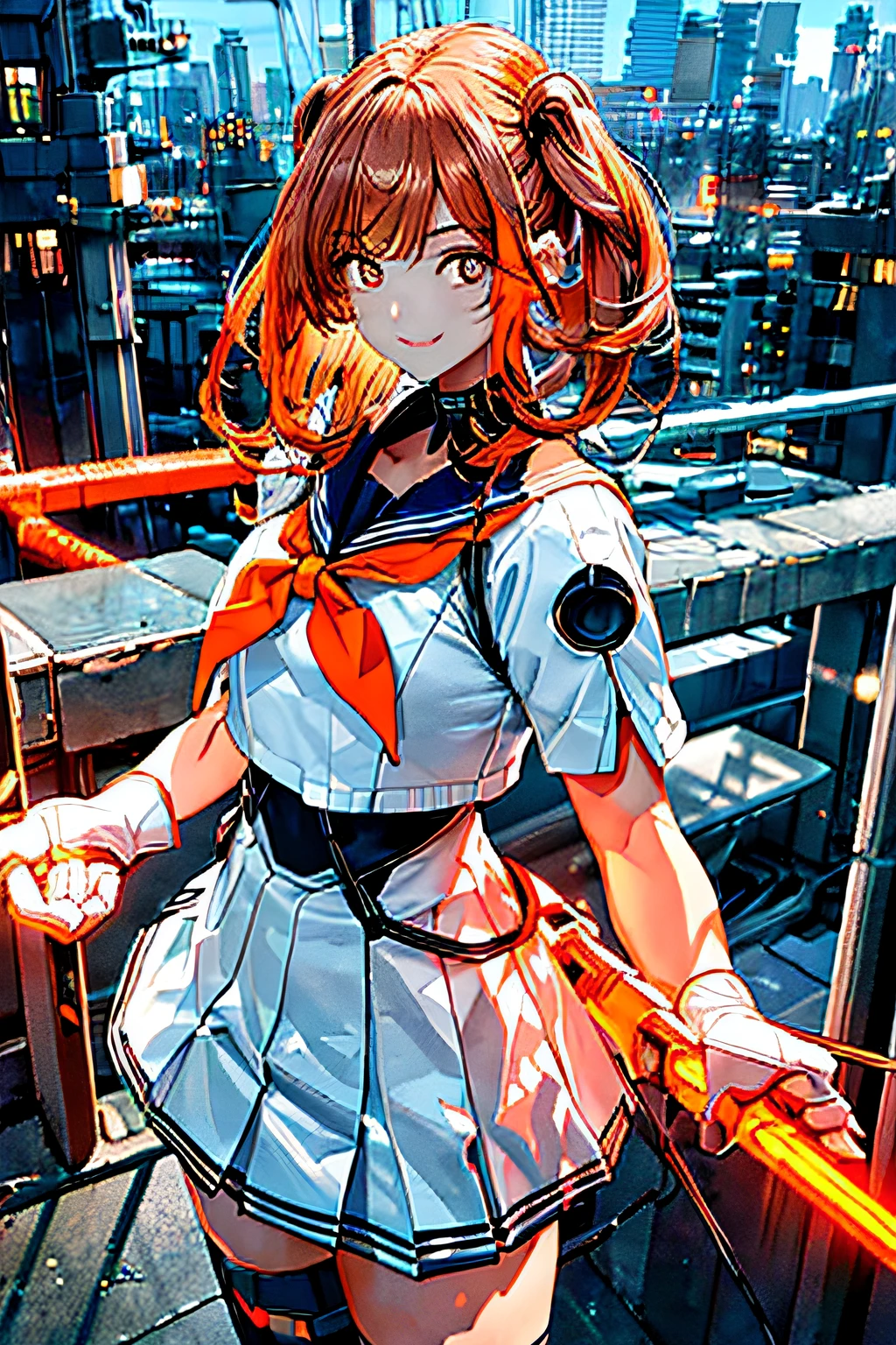 Cybernetic arm and glowing cyber girl,(J Women's Uniform,a sailor suit,White skirt,)Stand on a post-apocalyptic battlefield cityscape.Surrounded by a network of wires. Surrounded by a web of circuits. (Cyber Girl with Orange Glowing Sword:1.3), Glossy light brown and orange striped shorthair,Cute smile,Perfect round face,Black eyes,A cheerful smile that makes the viewer happy,Proper body proportion,Intricate details,Very delicate and beautiful hair,photos realistic,Dreamy,Professional Lighting,realistic shadow,Solo Focus,Beautiful hands,Beautiful fingers,Detailed finger features,detailed clothes features,Detailed hair features,detailed facial features,(masutepiece,top-quality,Ultra-high resolution output image,) ,(The 8k quality,),(Image Mode Ultra HD,),(Image Mode Ultra HD,),(SeaArt2 Mode.1:1.3),Science fiction fantasy