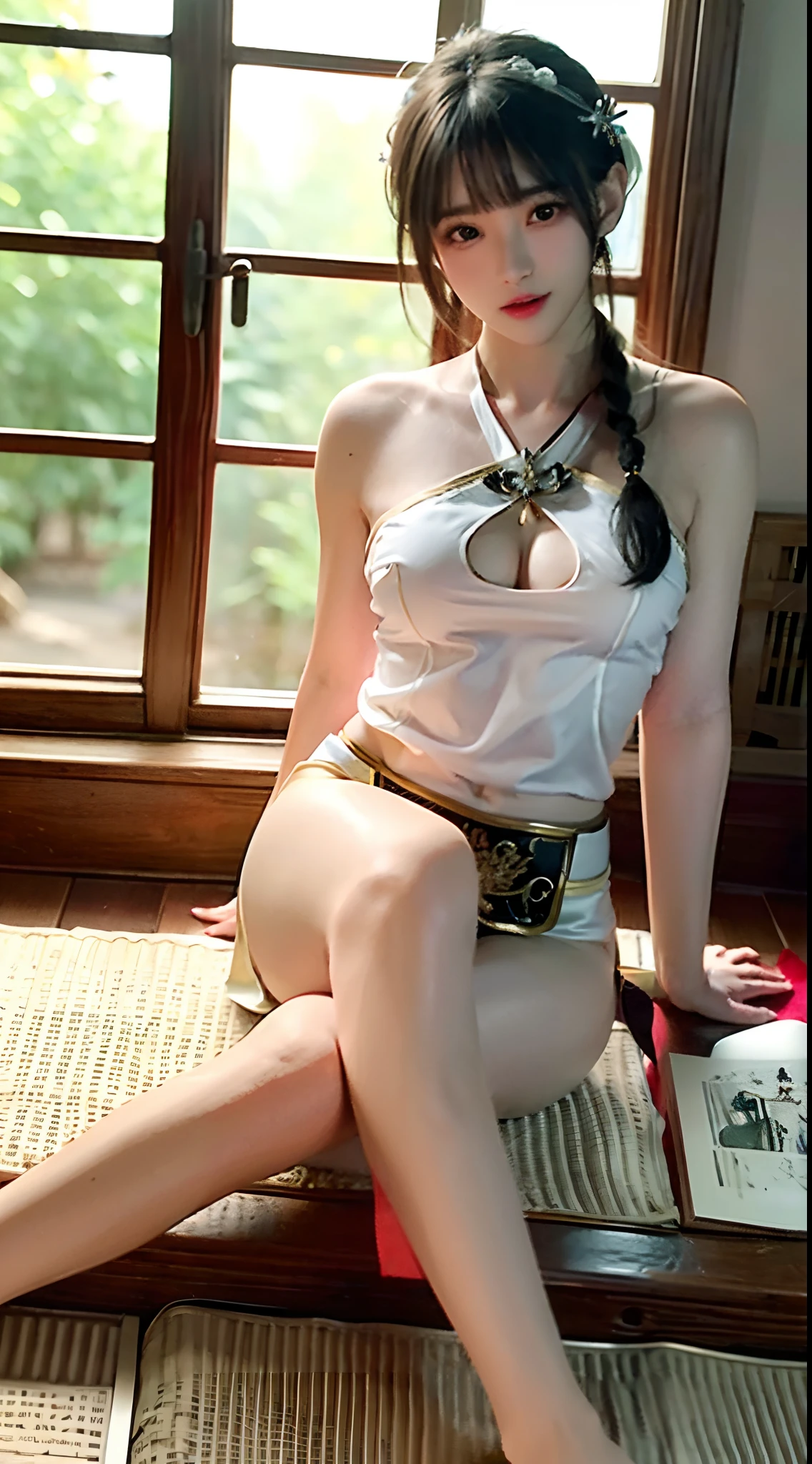 (Best quality,4K,8K,A high resolution,Masterpiece:1.2),Ultra-detailed,(Realistic,Photorealistic,photo-realistic:1.37),Gorgeous,Beautiful,blond hairbl,Goddess sitting cross-legged on steps in a white dress,Sexy girl, Chen Sakimi's illustration style, Japanese goddess, Sakimi Suga, Amazing goddess, Ethereal body, mesmerizing eyes, Beautiful white costume, Bright sunshine, gleaming silver, Yoshitomo Nara, jeremy cheung